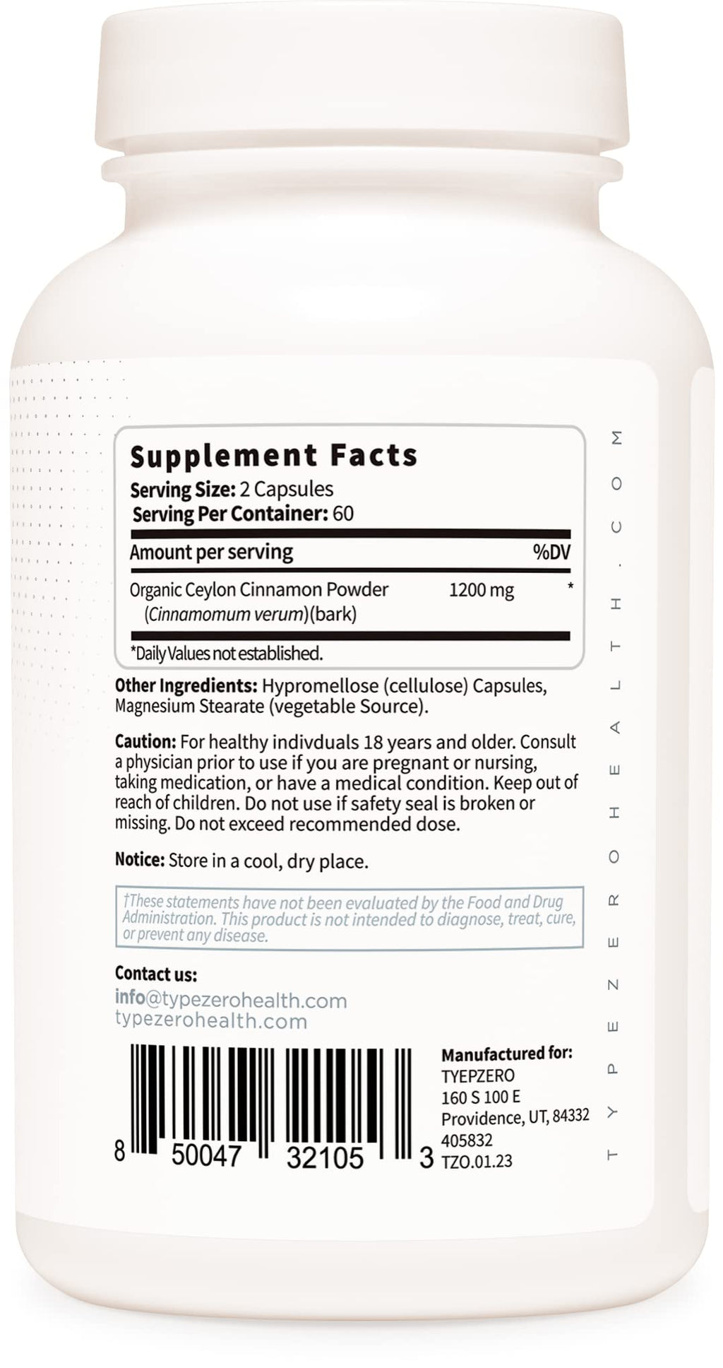 Type Zero Ceylon Cinnamon Capsules 1200mg | 120 Capsules - Natural Non-GMO Gluten Free Organic Cinnamon Bark Supplement (Pack of 2)