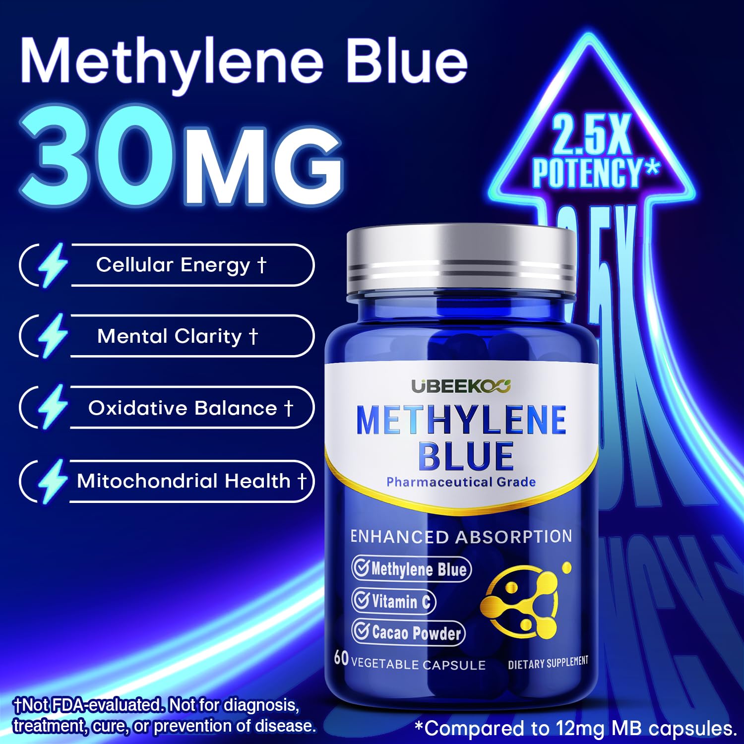 UBEEKOO 30mg Methylene Blue Capsules – Vitamin C & Organic Cacao, 60 Vegan