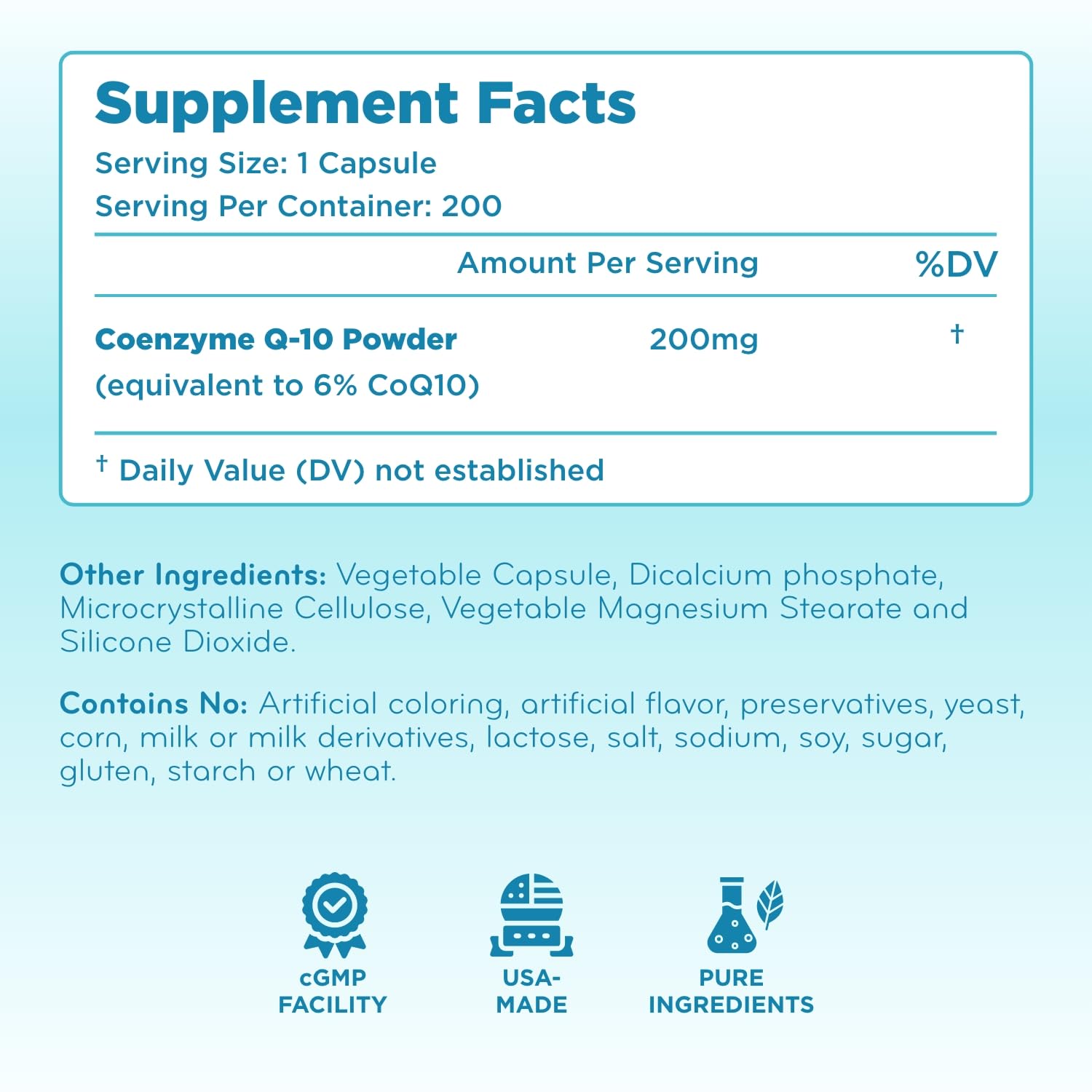 Quick Absorption CoQ10 200mg - Coenzyme Q10 200mg Potent Antioxidant for Heart Energy and Aging Support - High Stability CoQ10 Ubiquinone Capsules - Made in a cGMP US Lab (200 Servings)