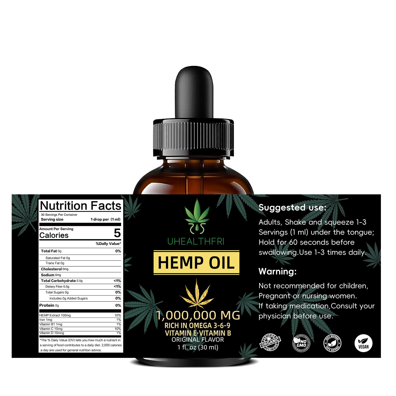 Uhealthfri Hemp Oil - Pure Organic Hemp Seed Oil Drops (Non-GMO, Vegan) Omega 3, 6, 9 - 4 Pack