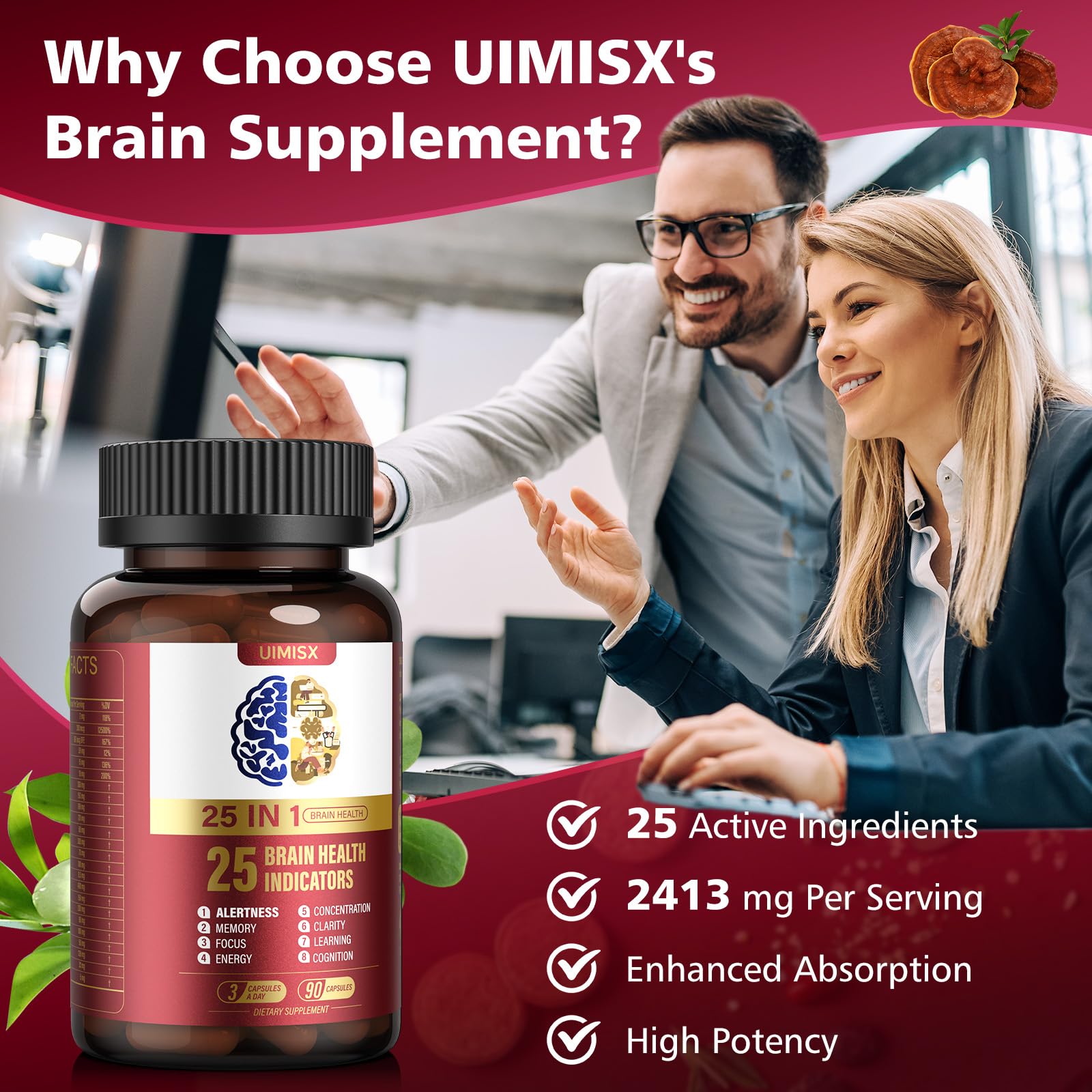 UIMISX Brain Supplement – Mental Alertness, Memory, Focus & Energy | 90 Capsules