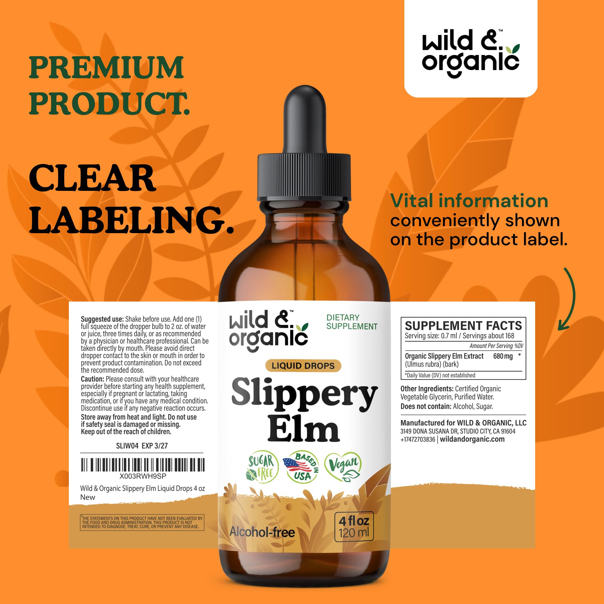 Wild & Organic Slippery Elm Liquid Drops - Lung, Digestive & Women's Support - Slippery Elm Bark Extract Tincture - Ulmus Rubra Supplement - Vegan, Sugar & Alcohol-Free - 4 fl oz