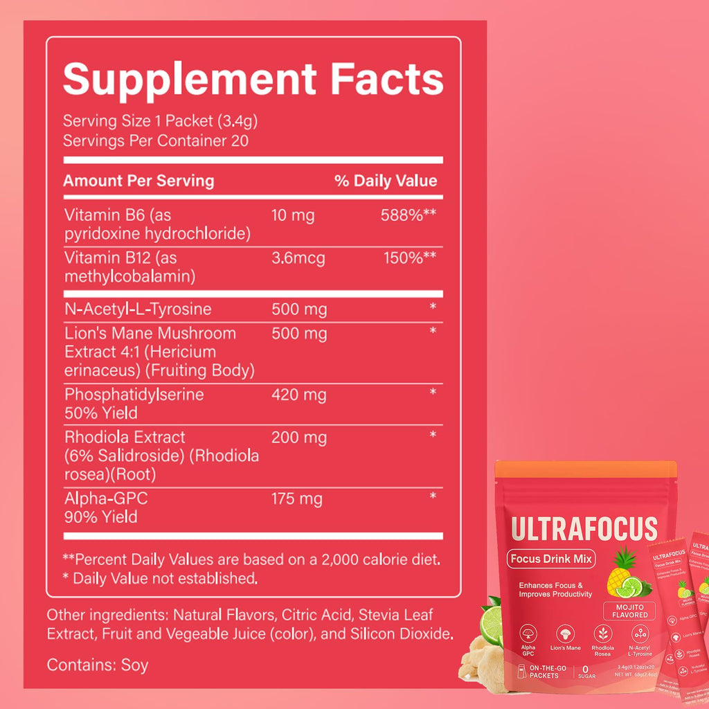 Ulora Ultrafocus Drink Mix – Mojito Flavor | Sugar-Free, 20 Packets for Focus & Clarity