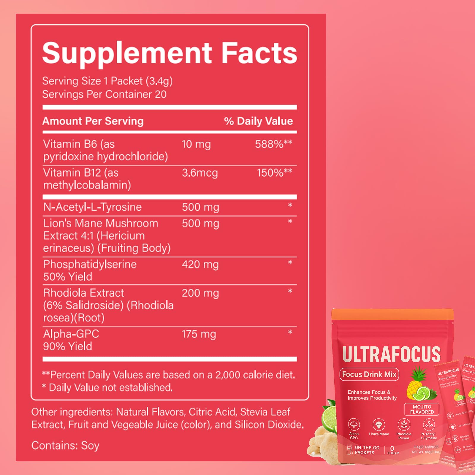Ulora Ultrafocus Drink Mix – Mojito Flavor | Sugar-Free, 20 Packets for Focus & Clarity