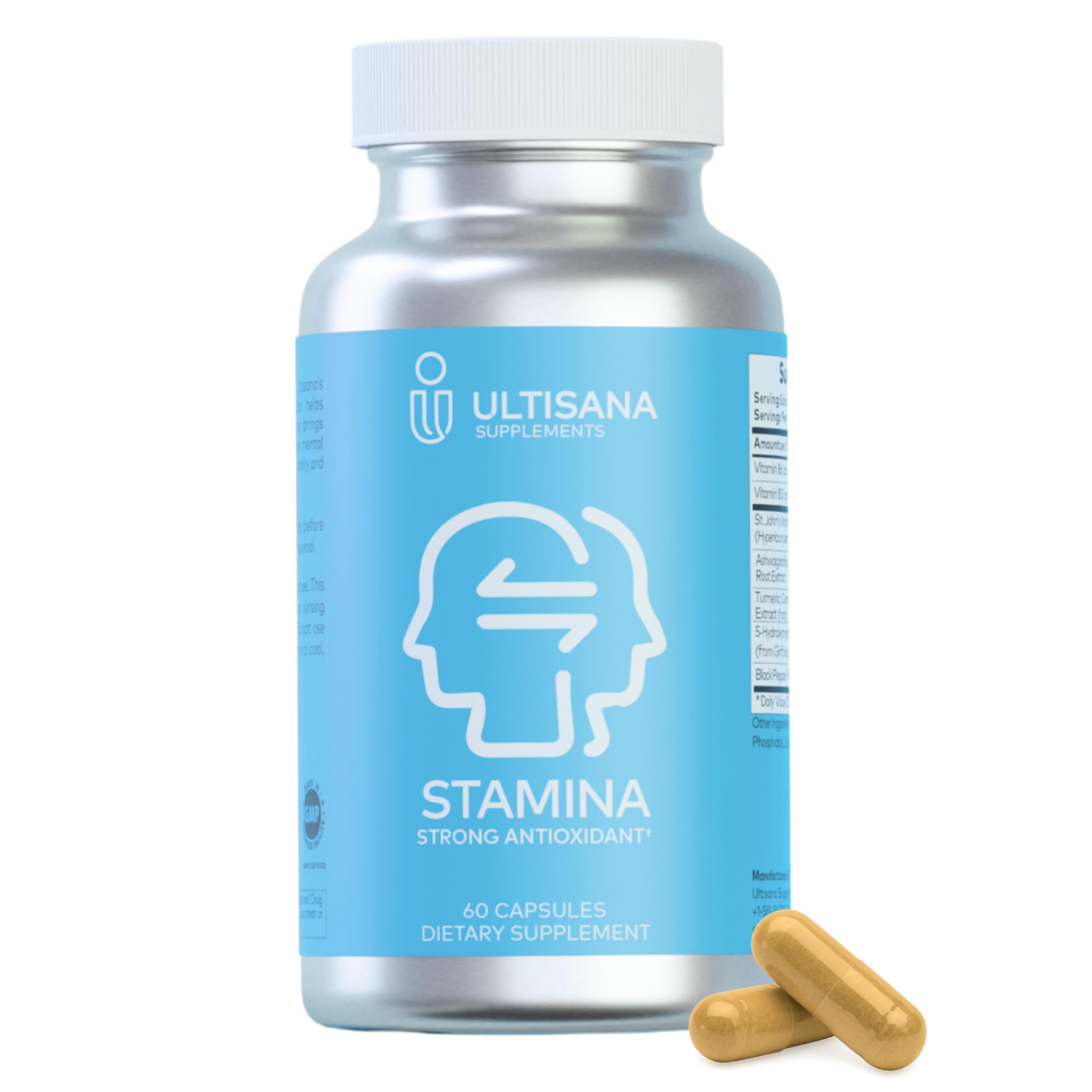 Ultisana Stamina Antioxidant & Stress Relief Supplement | for Enhanced Mood, Boost Energy, Immune & Sleep Support | Vitamin B12 & B6, Ashwagandha, Turmeric, 5-HTP & More | Non-GMO, 60 Capsules