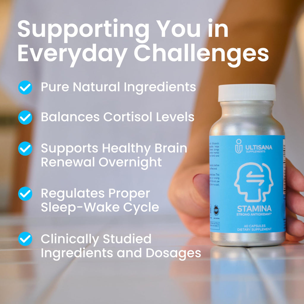 Ultisana Stamina Antioxidant & Stress Relief Supplement | for Enhanced Mood, Boost Energy, Immune & Sleep Support | Vitamin B12 & B6, Ashwagandha, Turmeric, 5-HTP & More | Non-GMO, 60 Capsules