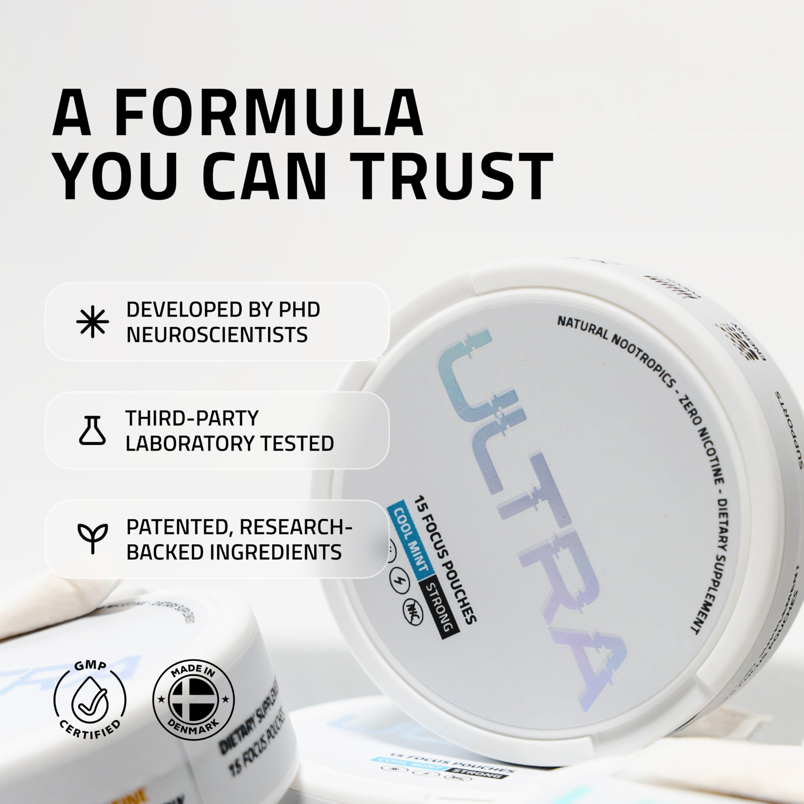 Ultra Focus Pouches – Cool Mint (3 Cans) Nicotine-Free & Caffeine-Free Nootropic Energy
