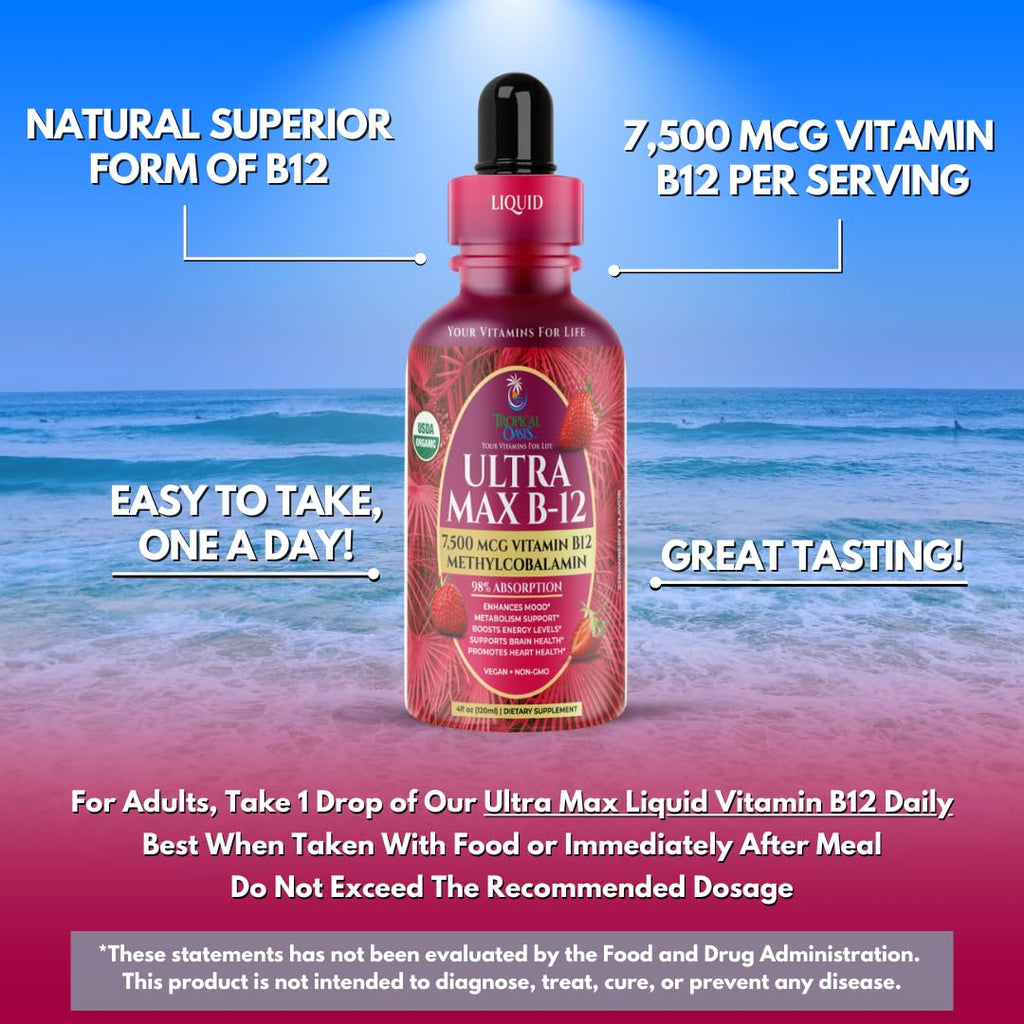 USDA Organic Ultra Max B12 - 7500mcg Methylcobalamin Drops | Vegan Strawberry 4oz