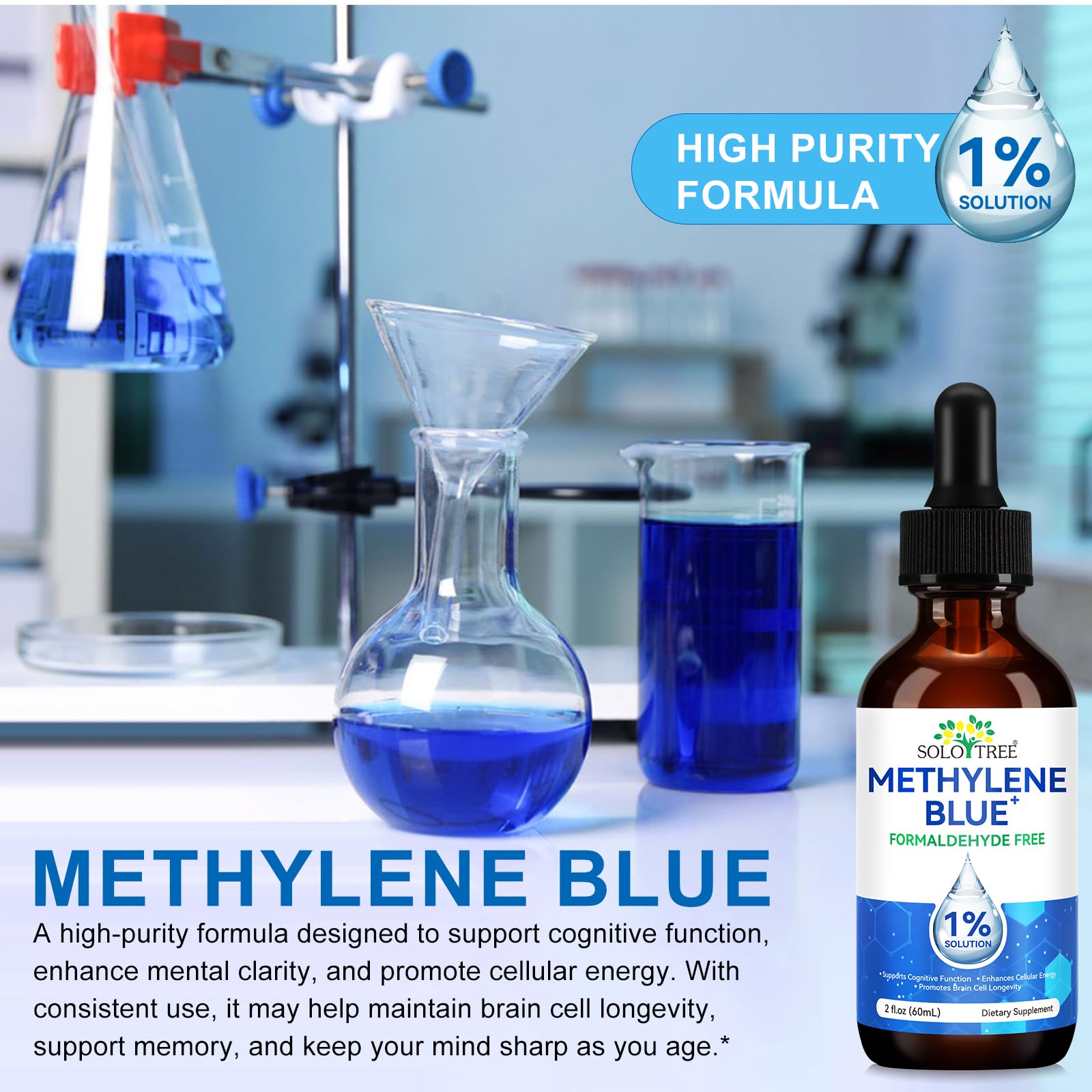 Ultra Methylene Blue 1% Solution | Pharmaceutical Grade USP | Cognitive Function & Cellular Energy Support | Formaldehyde-Free | 60ml (2 Fl Oz)