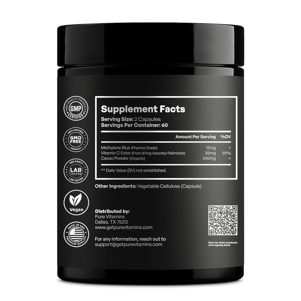 Ultra Methylene Blue Plus – Pharma Grade 12mg | Brain Support, Cacao & Vitamin C Ester | 120 Capsules | Made in USA