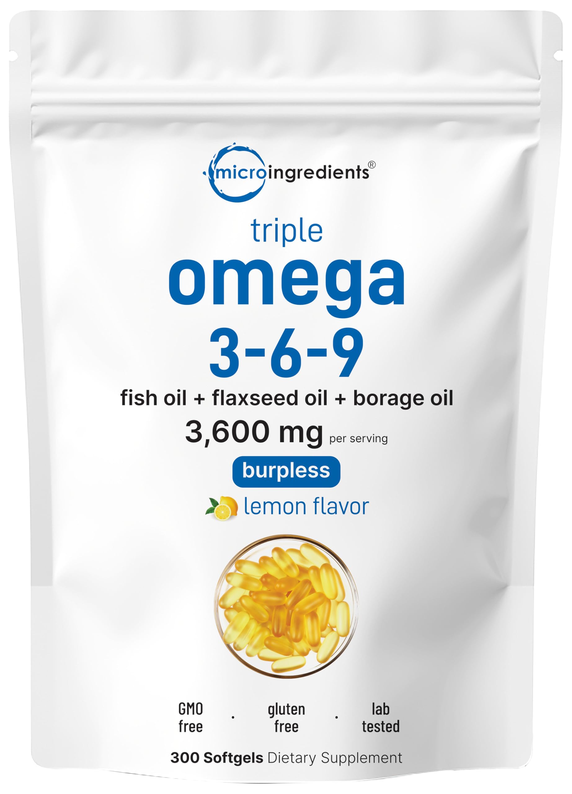 Ultra Omega 3-6-9 3600mg - 300 Burpless Softgels, Lemon | Non-GMO