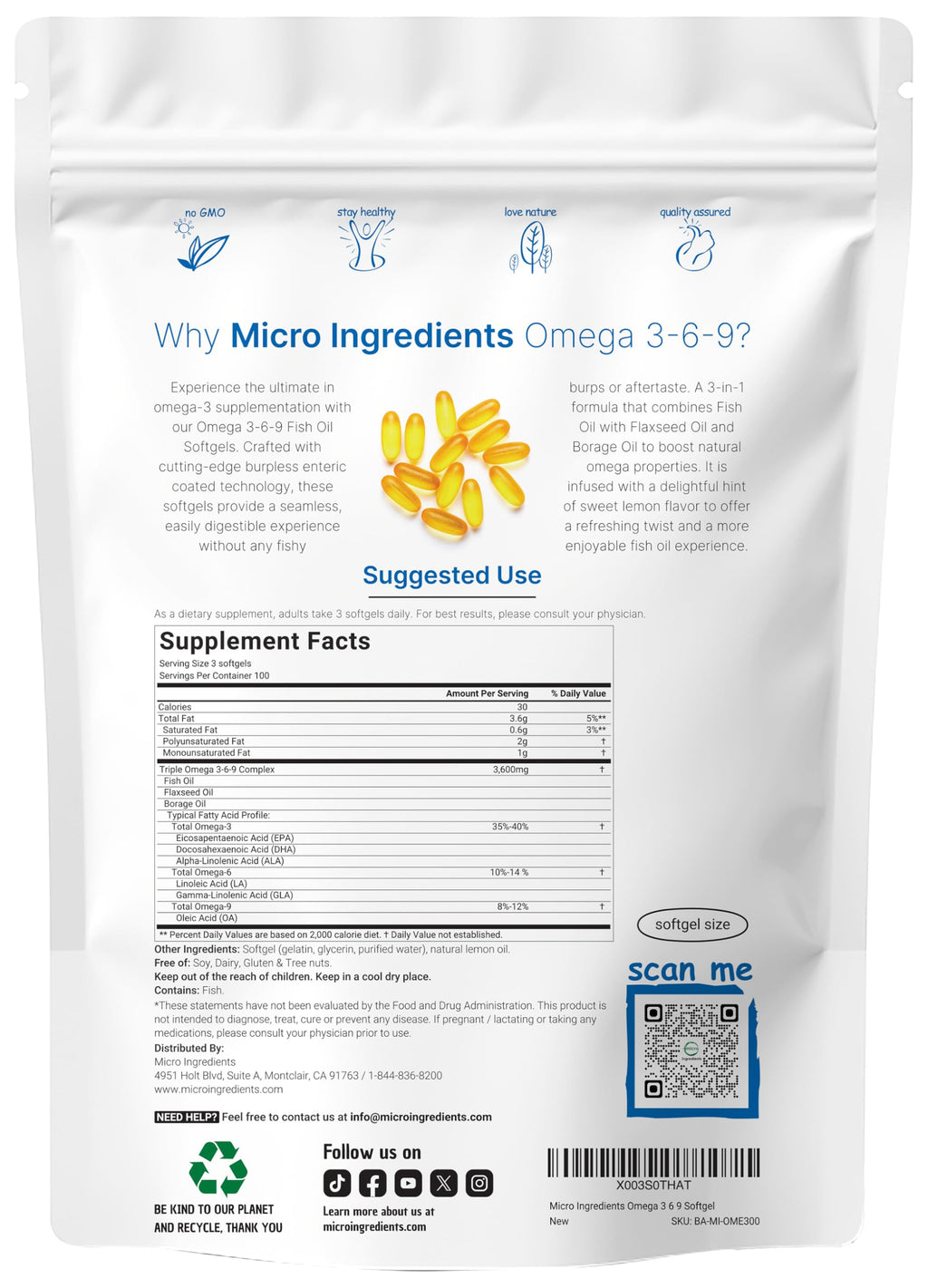 Ultra Omega 3-6-9 3600mg - 300 Burpless Softgels, Lemon | Non-GMO