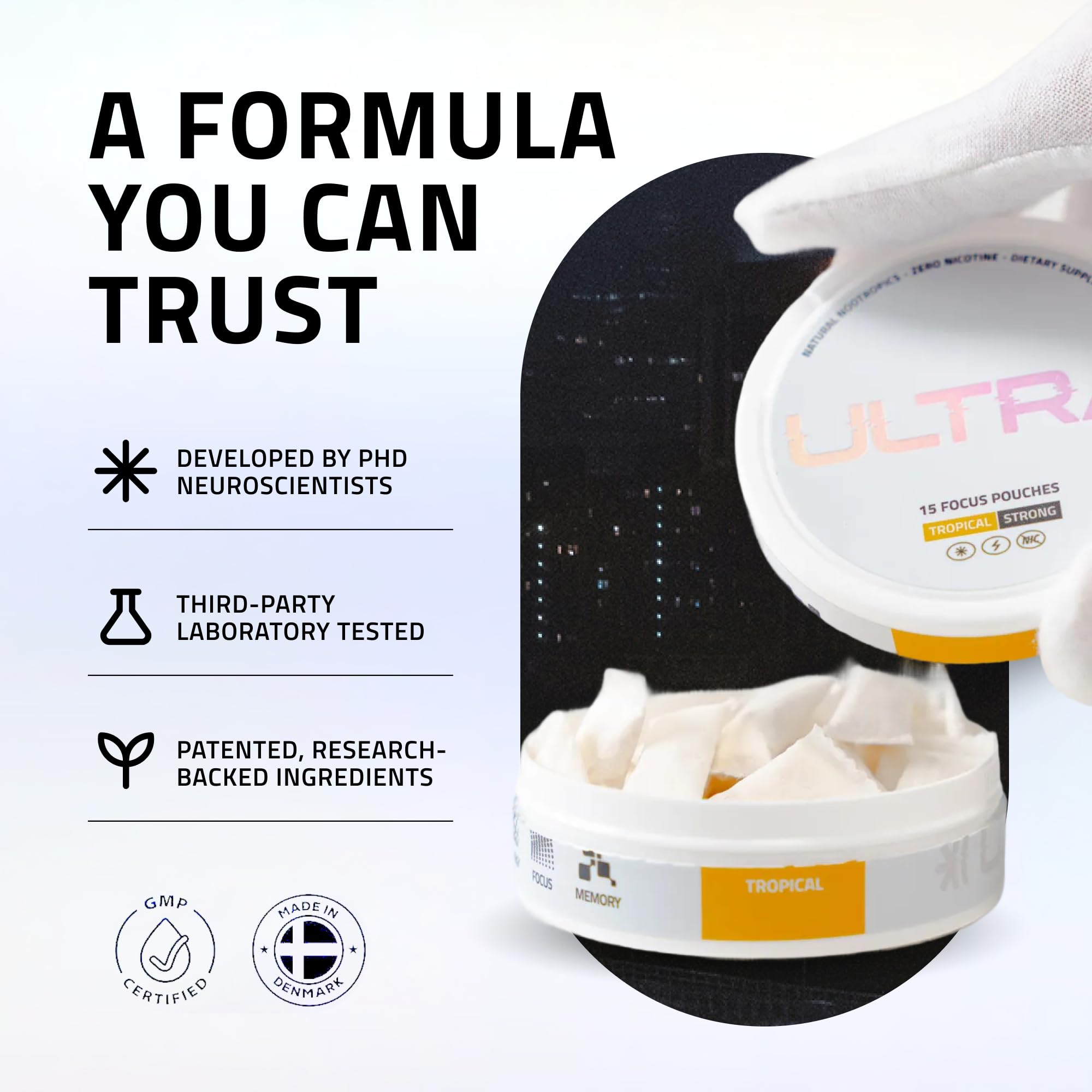 Ultra Focus Pouches Variety Pack (3 Cans) Nicotine-Free, Caffeine-Free | Nootropic Energy & Clarity | Ultra Pouches