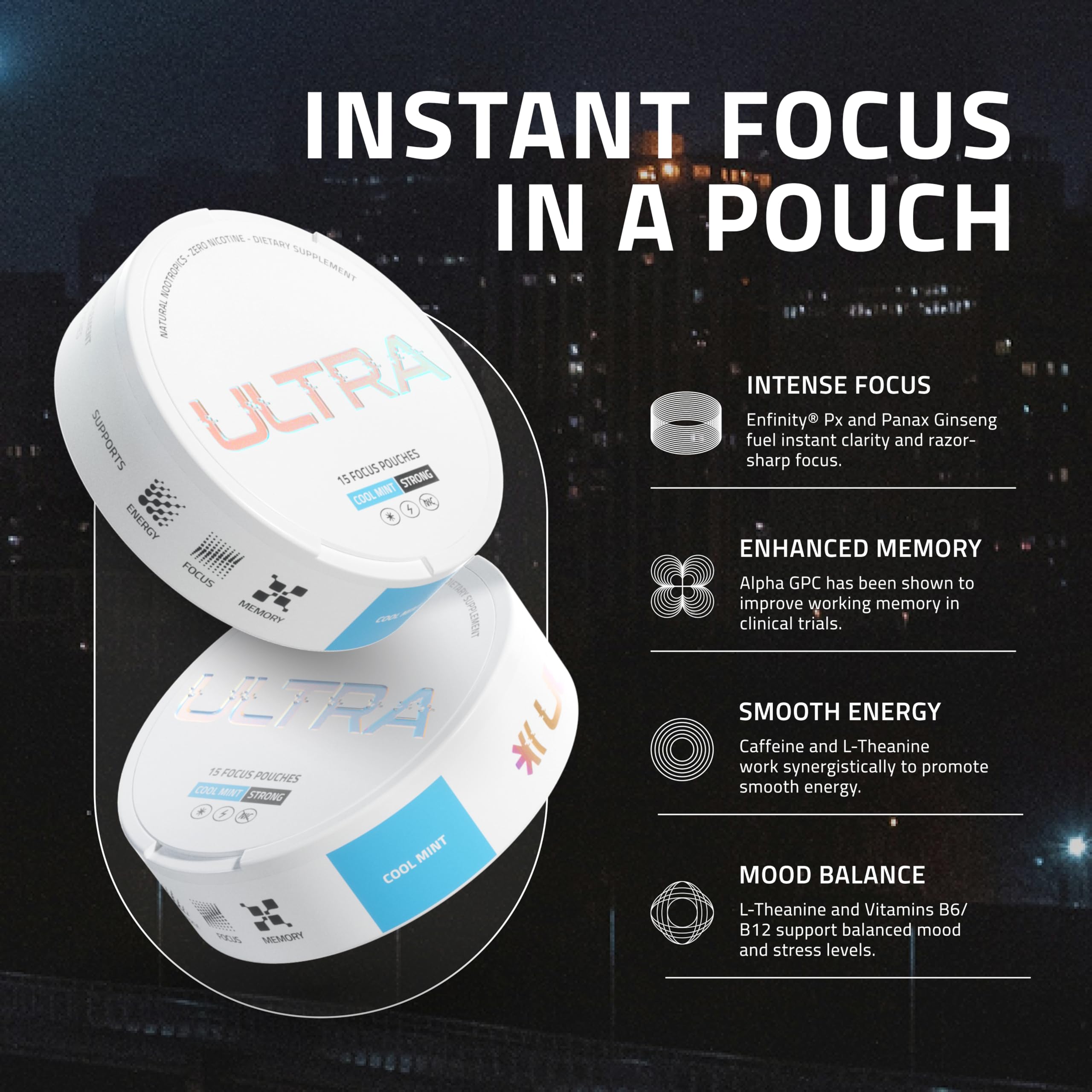 Ultra Focus Pouches Variety Pack (3 Cans) Nicotine-Free, Caffeine-Free | Nootropic Energy & Clarity | Ultra Pouches