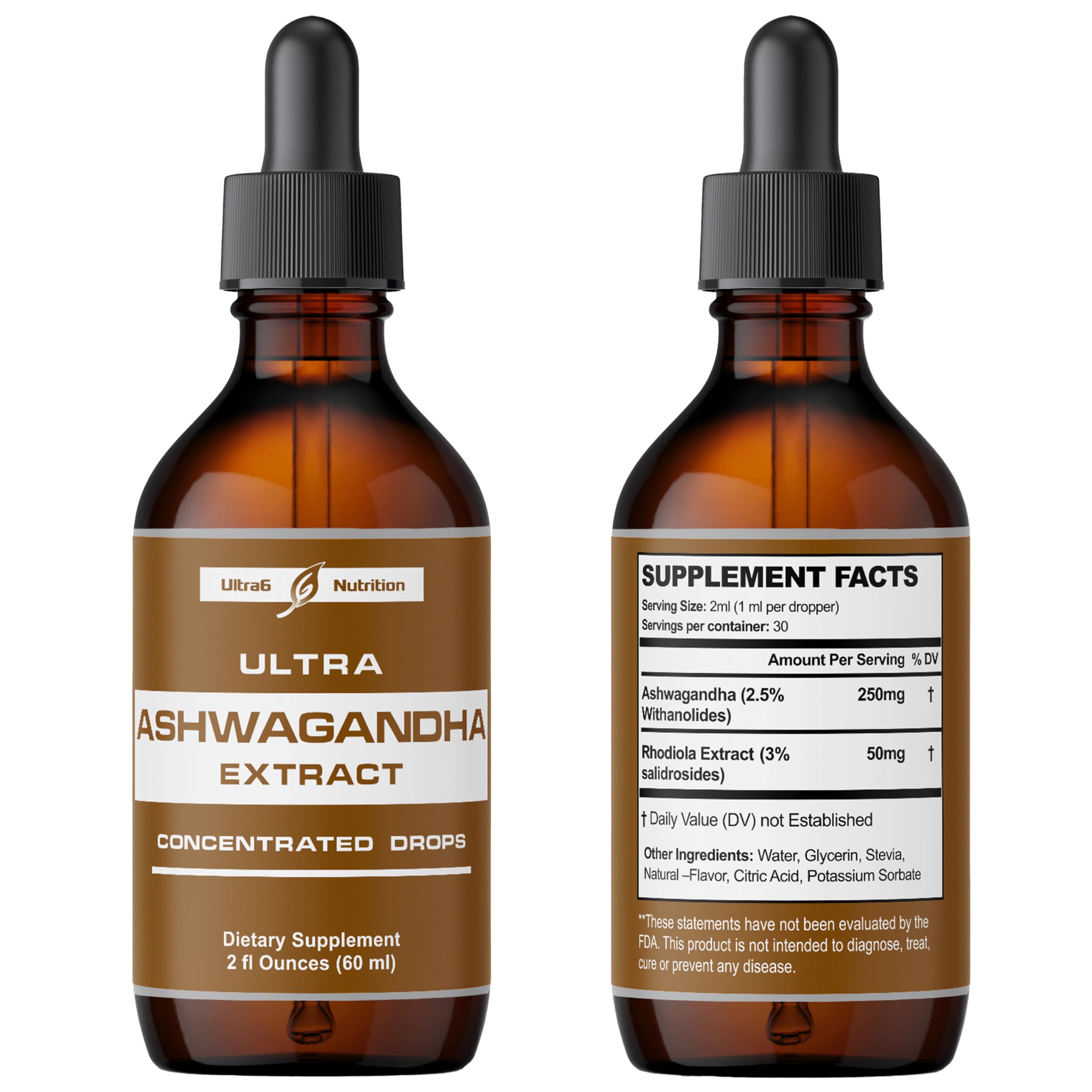 Ultra6 Ashwagandha Liquid Drops – Organic Ashwagandha & Rhodiola (Pack of 2)