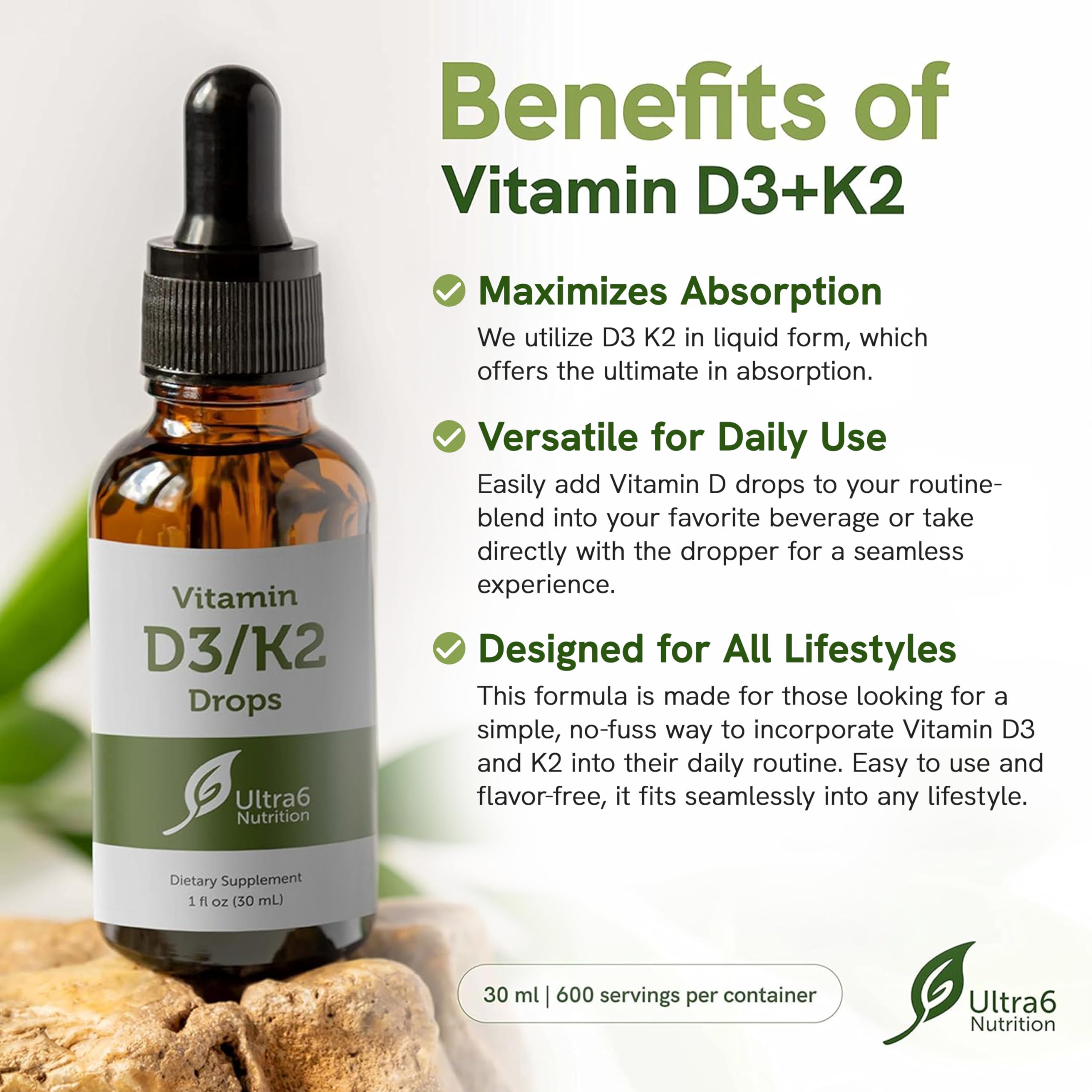 Ultra6 Nutrition Vitamin D3 & K2 Drops – Liquid D3 with K2 (USA Made, 30 ml)