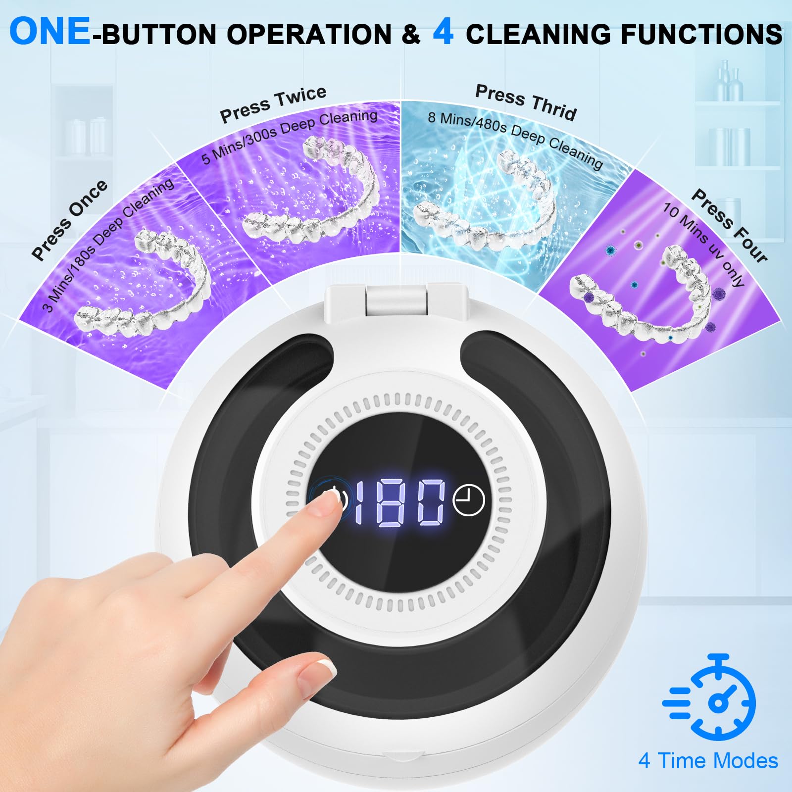 45kHz Ultrasonic Retainer Cleaner - 200ml, 4 Modes, Digital Timer