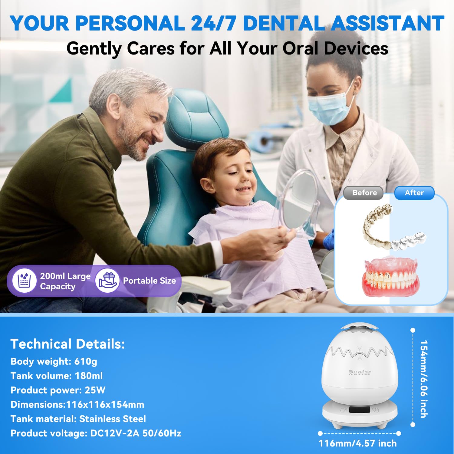 Ultrasonic Retainer Cleaner 45kHz Denture Cleaning Pod | 3 Timer Modes, Cooling Fan
