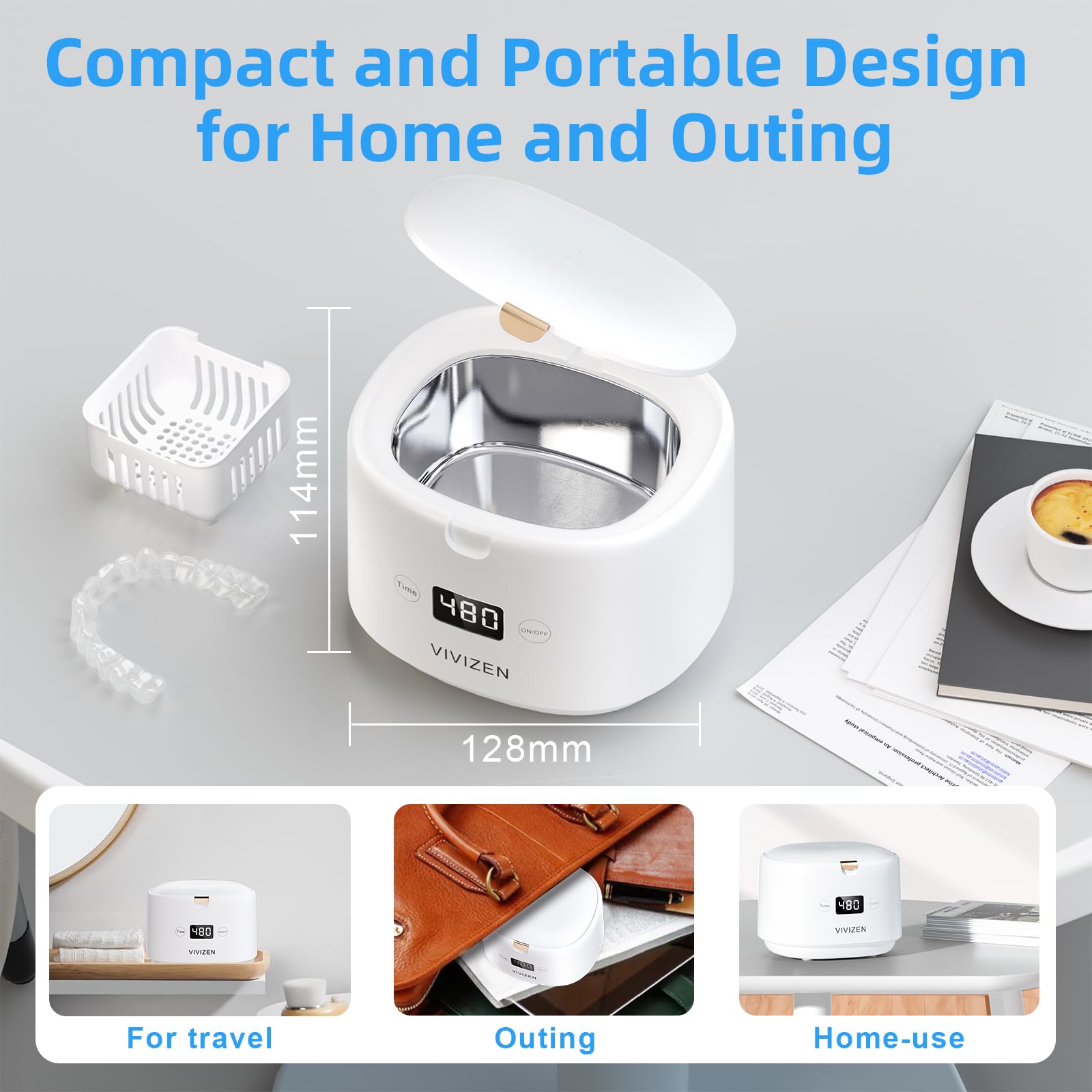 Ultrasonic Retainer Cleaner 30W/45kHz – Aligners, Braces, Dentures (White) | VIVIZEN