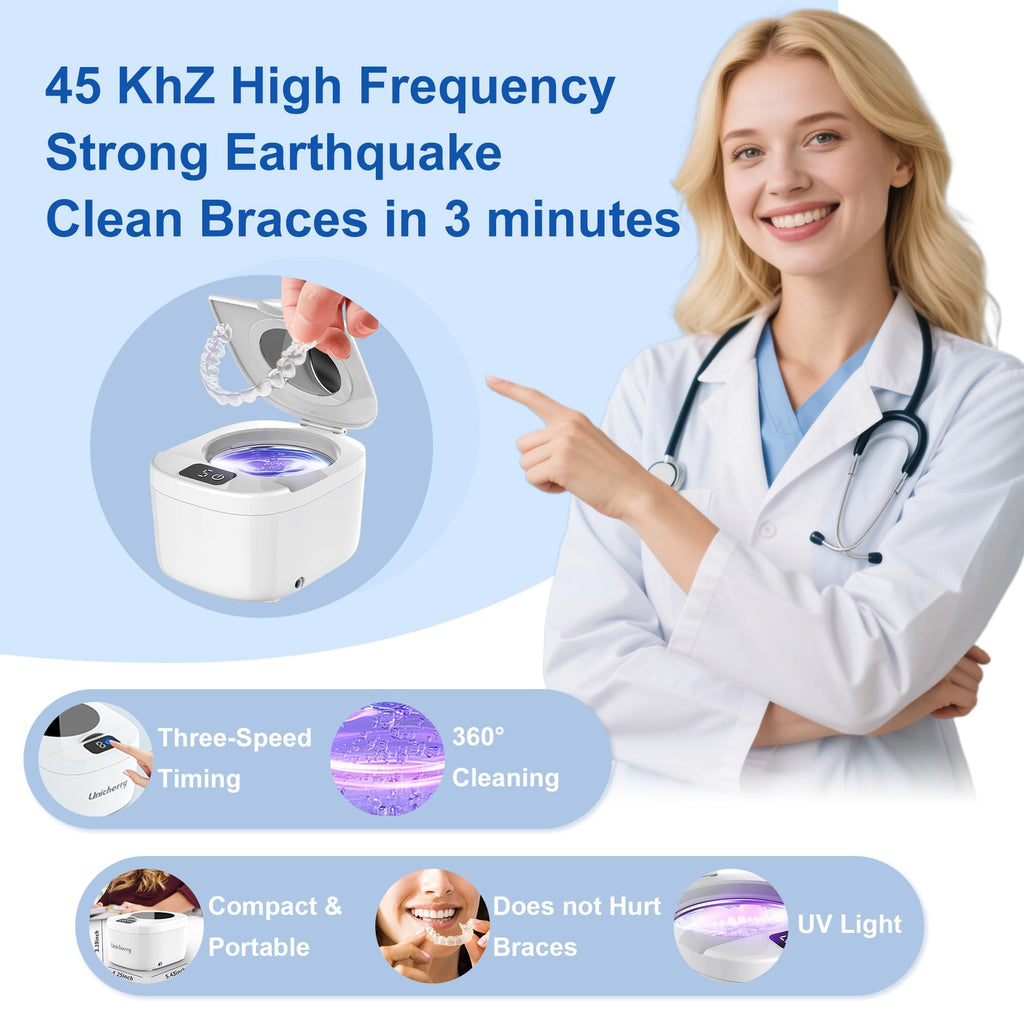 Professional Ultrasonic Retainer Cleaner 45kHz – Portable 190ml, Clean Retainers, Aligners, Dentures