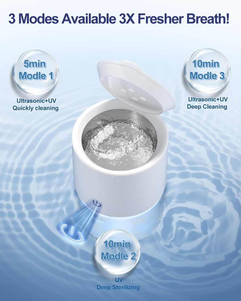 Ultrasonic Retainer Cleaner 48kHz - 3 Modes, Jewelry & Denture Cleaning (White)