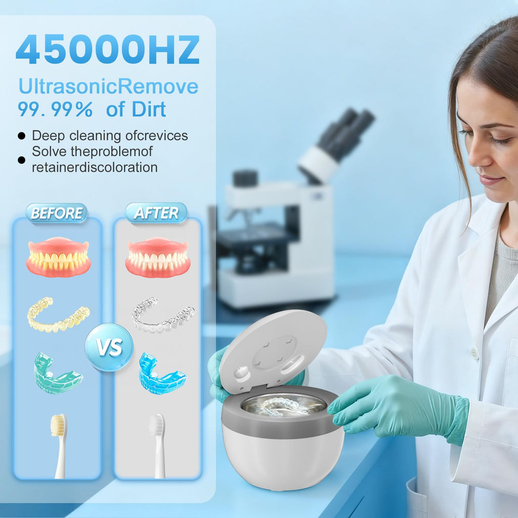 Upgraded Ultrasonic Retainer Cleaner - 45kHz, 200ml, White | For Dentures, Braces & Jewelry