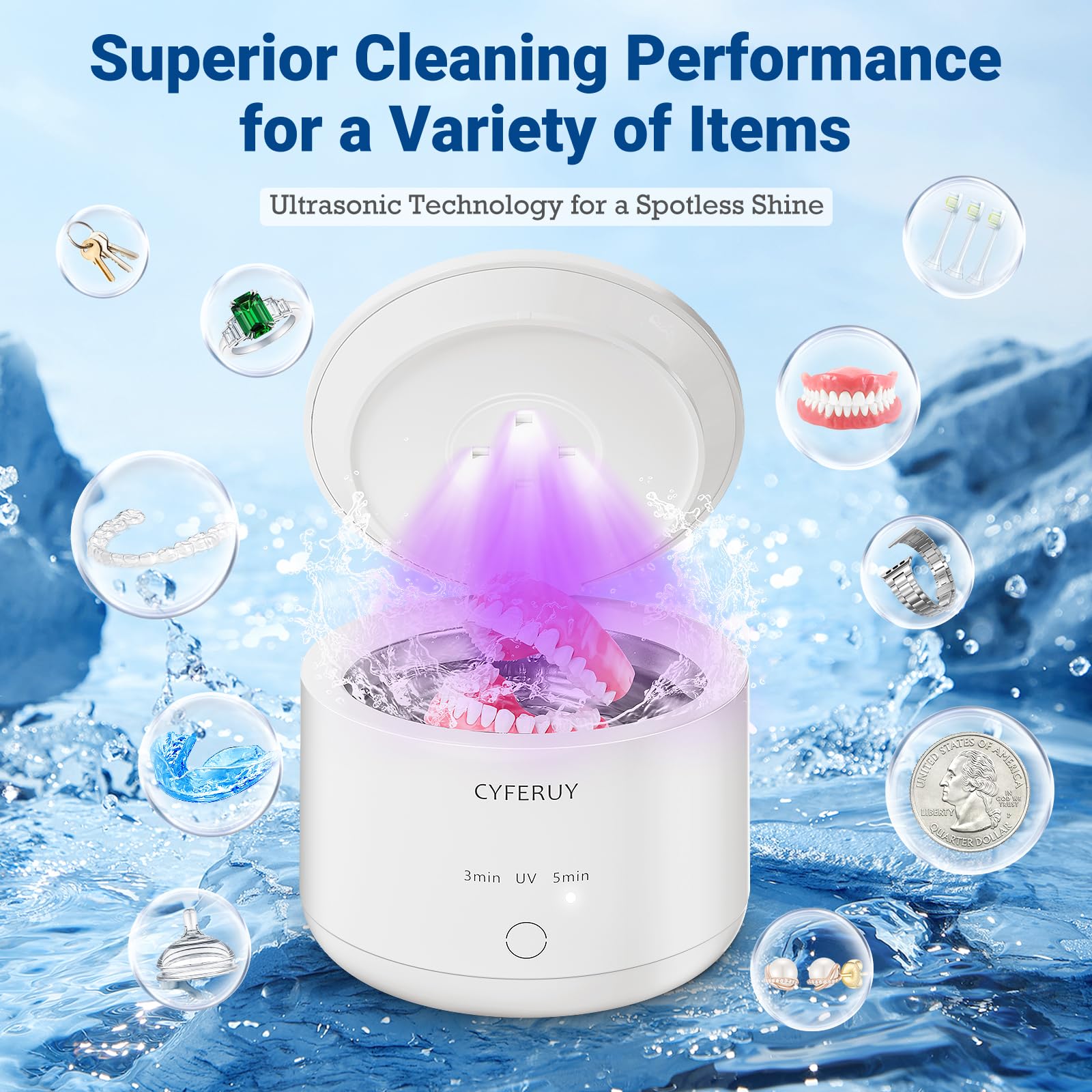 Ultrasonic Retainer Cleaner 45kHz – 160ML Cleaning Pod for Dentures, Mouth Guards & Jewelry (3 Modes)