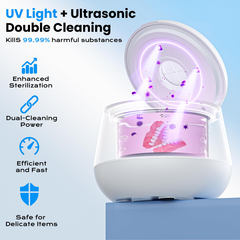 45kHz Ultrasonic Retainer Cleaner - 200ML, UV Light, 4 Modes - White