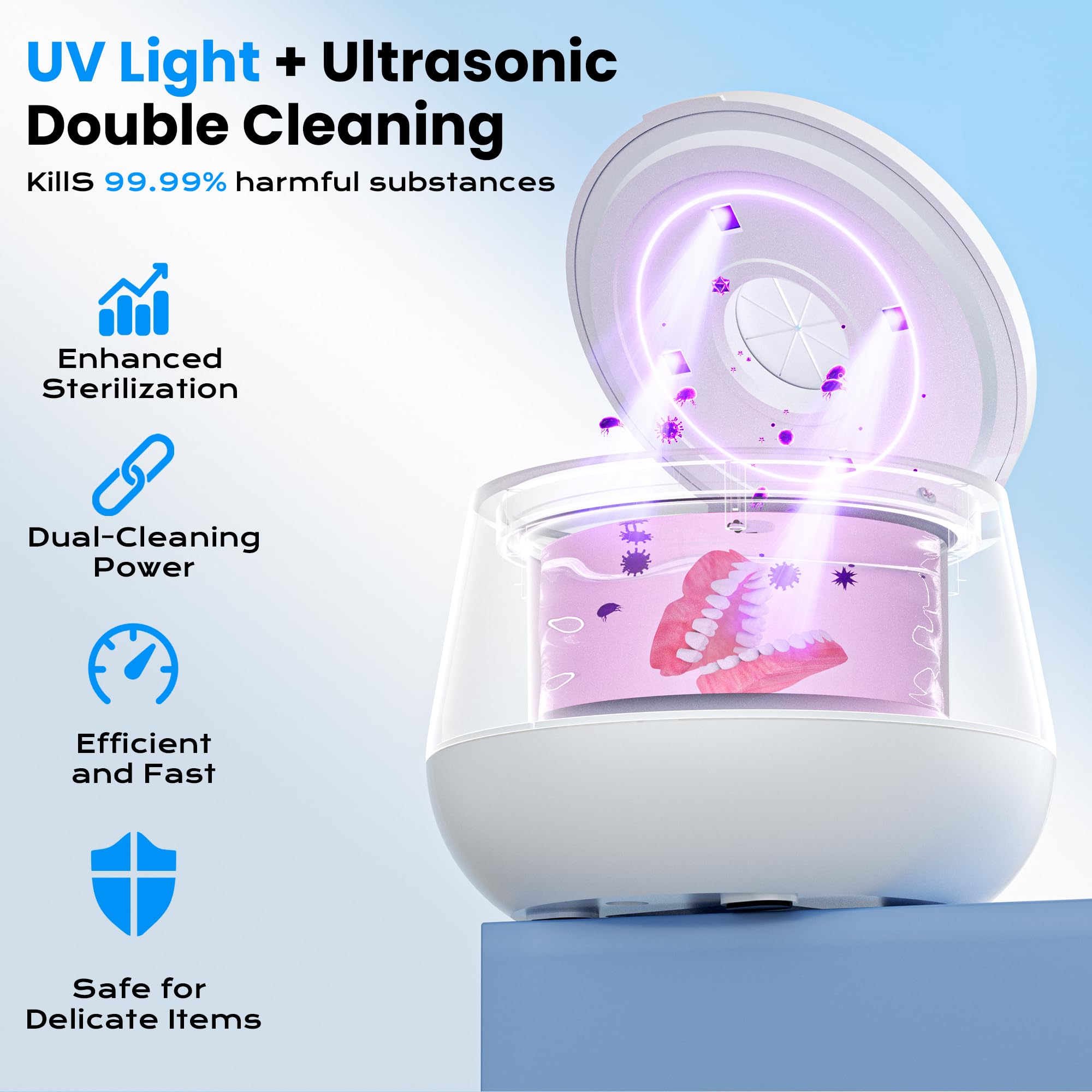 45kHz Ultrasonic Retainer Cleaner - 200ML, UV Light, 4 Modes - White