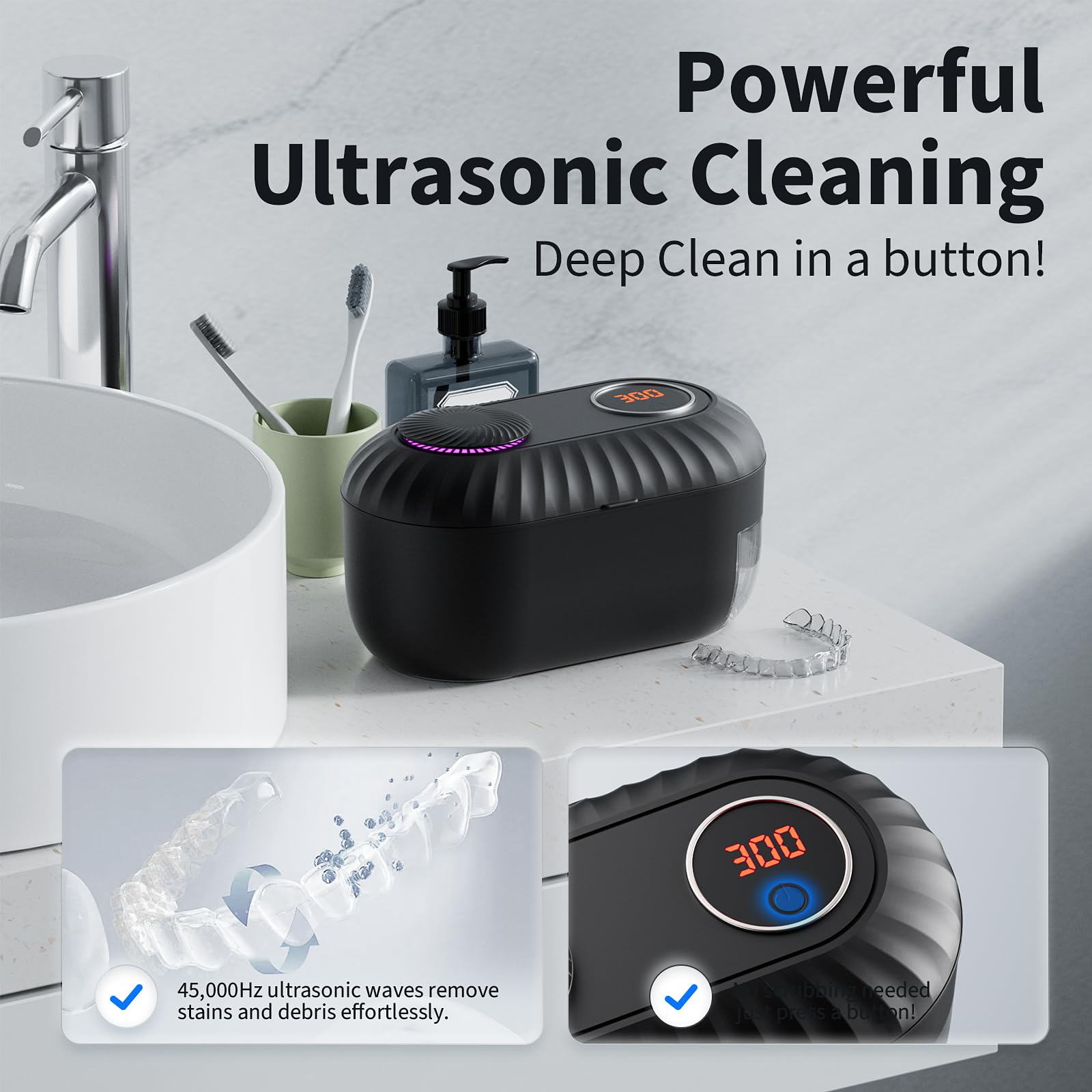 Ultrasonic Retainer Cleaner with Cleaning, Pumping, and Air-Drying Functions, 45kHz Retainer Cleaner Machine, 200ml Denture Cleaner for Dentures, Mouth Guards, Braces, Toothbrush Heads, Jewelry