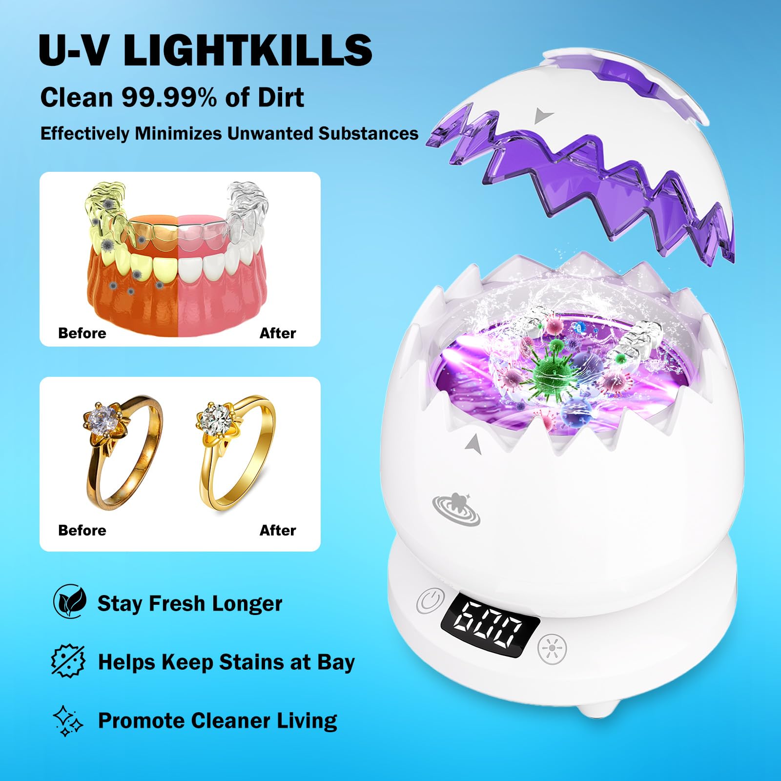 Ultrasonic Retainer Cleaner 45kHz – 25W, IPX7, 3 Modes