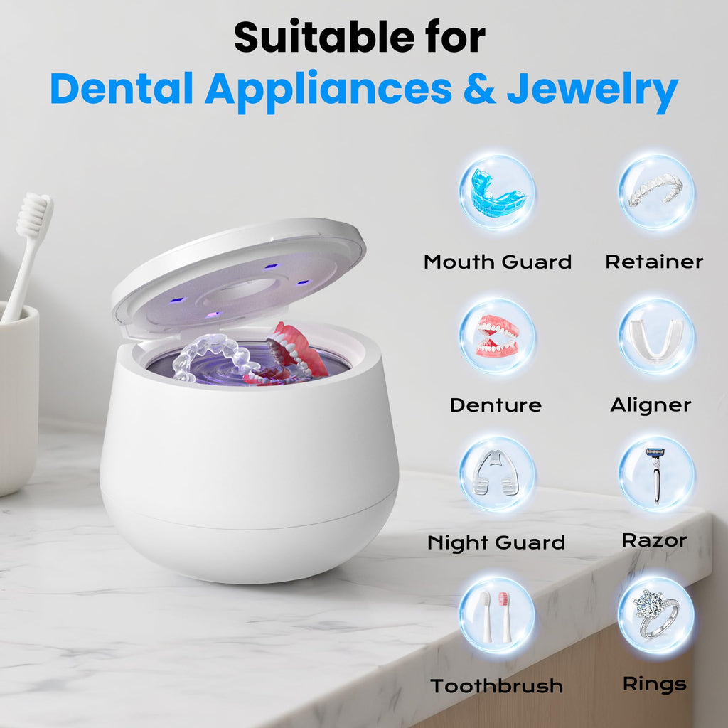 45kHz Ultrasonic Retainer Cleaner - 200ML, UV Light, 4 Modes - White