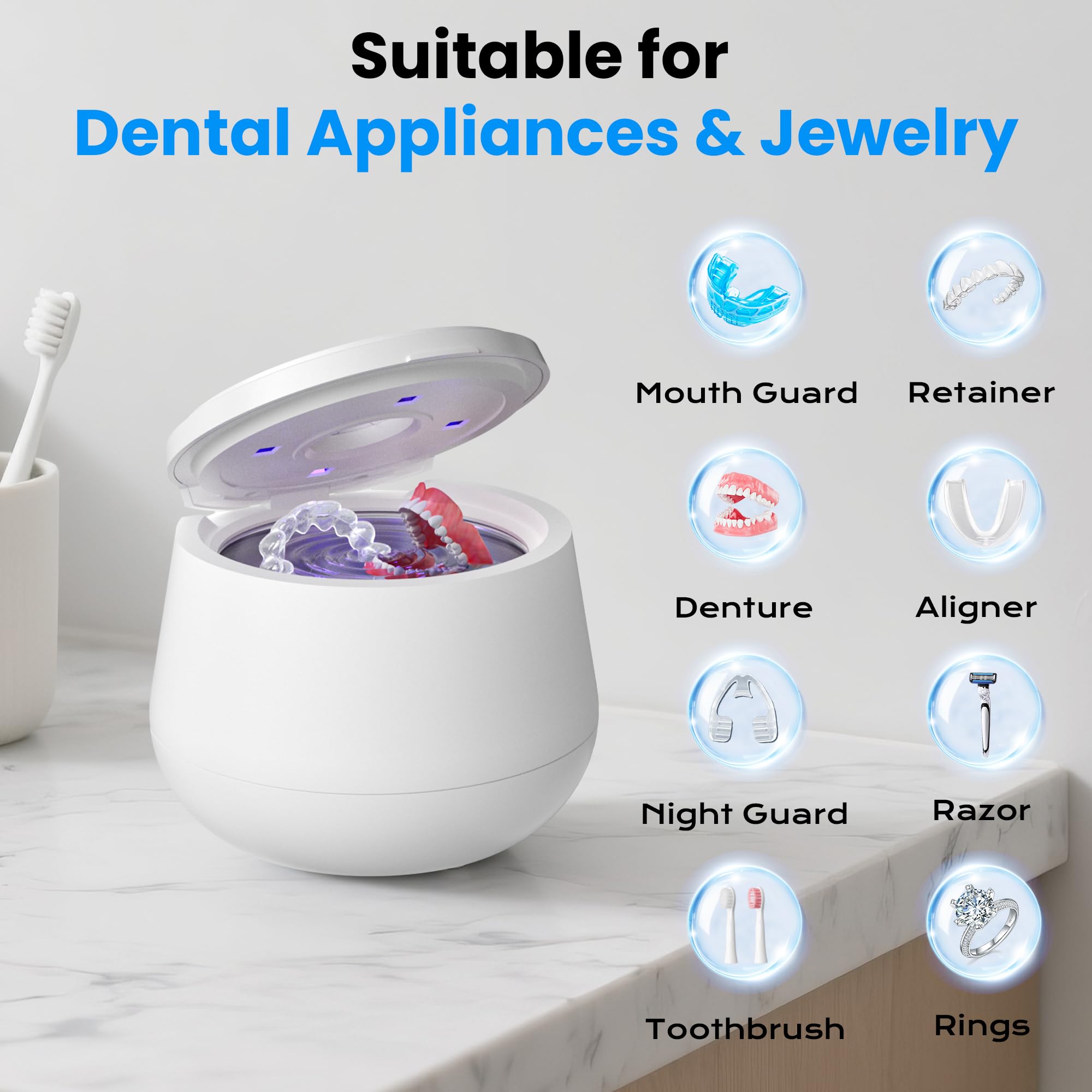 45kHz Ultrasonic Retainer Cleaner - 200ML, UV Light, 4 Modes - White