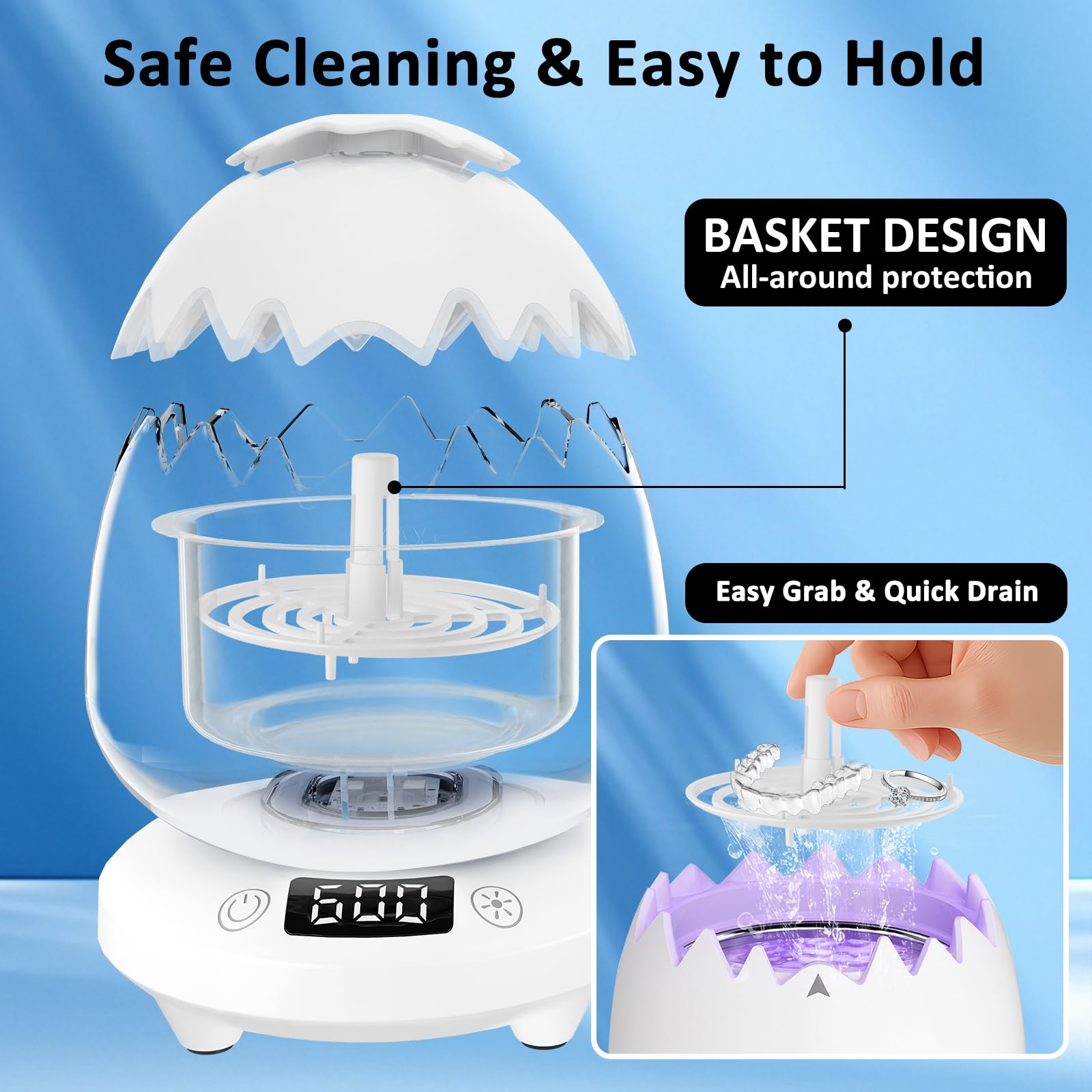 Ultrasonic Retainer Cleaner — 45kHz Waterproof Dental Cleaner with 180ML Tank and Digital Timer for Dentures, Aligners, Braces, Mouth Guards & Jewelry