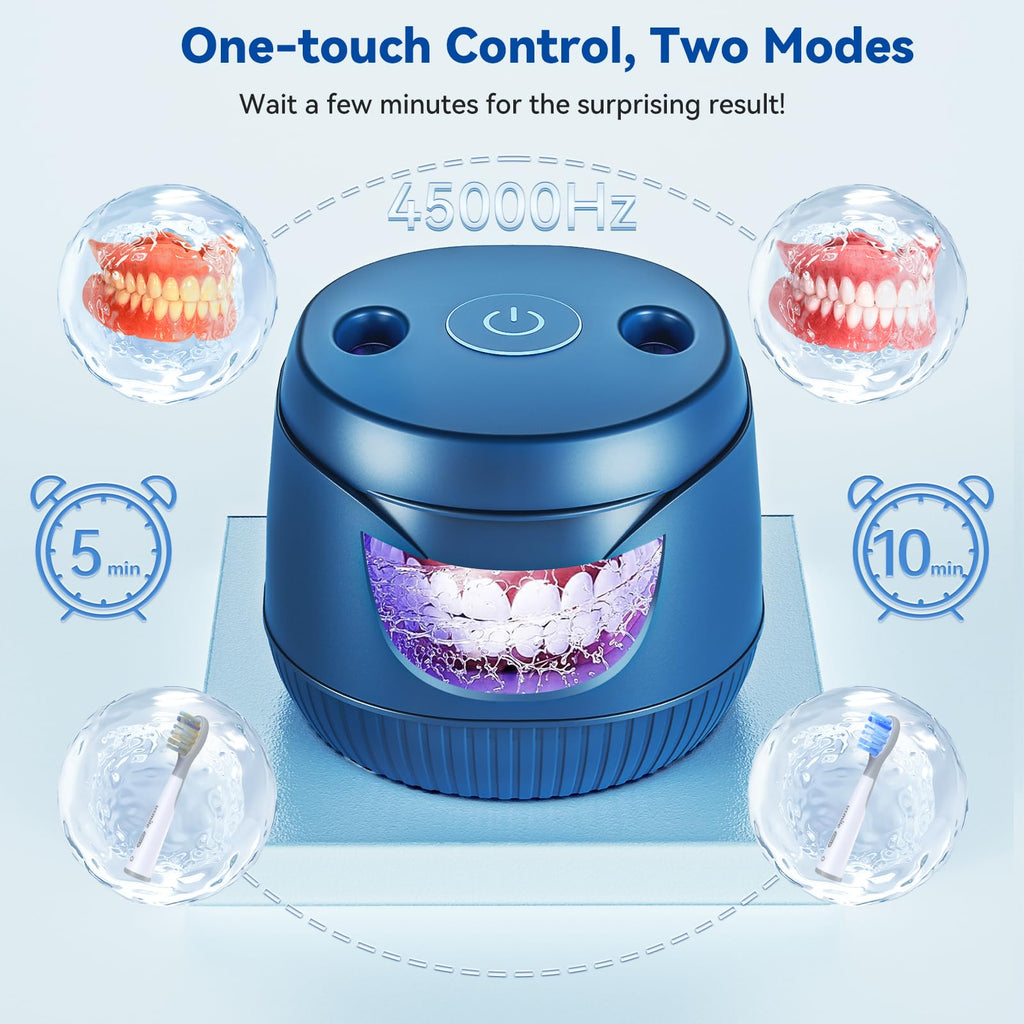 Ultrasonic Retainer Cleaner 45kHz – 200ML for Dentures, Aligners, Braces & Mouth Guards (Blue)