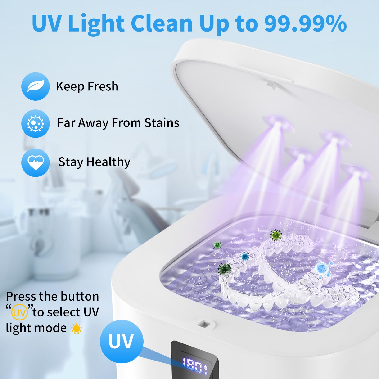 Ultrasonic Retainer Cleaner Machine - 48kHz Cleaning (13oz, White)