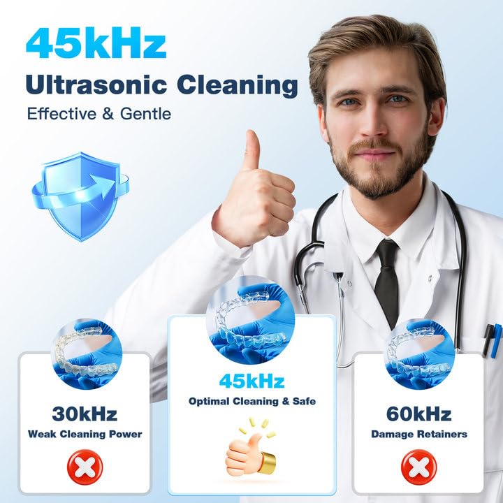 Ultrasonic Retainer Cleaner Machine - 45kHz 360° Deep Cleaning, 200 ml Pod, 3 Modes, White