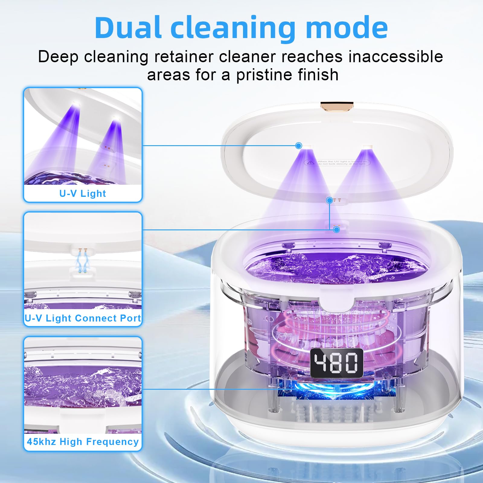 Ultrasonic Retainer Cleaner 30W/45kHz – Aligners, Braces, Dentures (White) | VIVIZEN