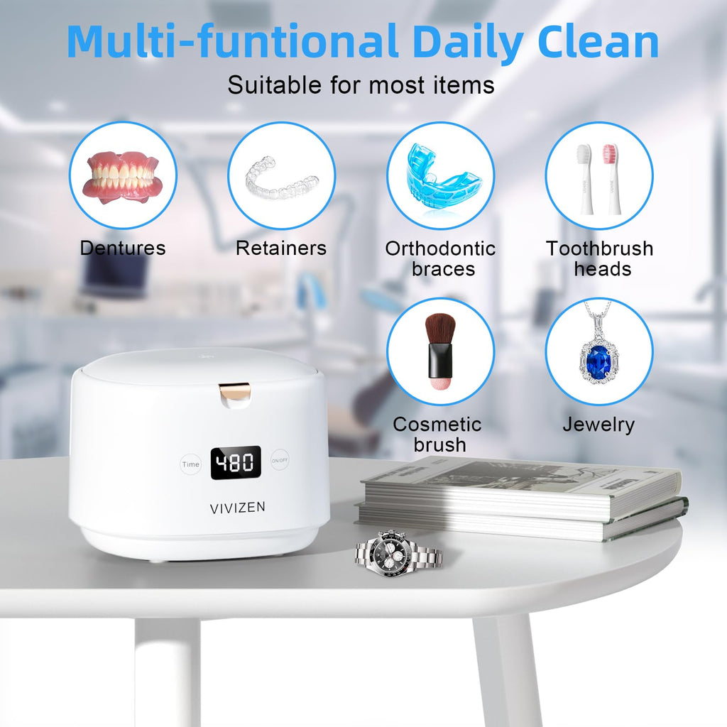 Ultrasonic Retainer Cleaner 30W/45kHz – Aligners, Braces, Dentures (White) | VIVIZEN