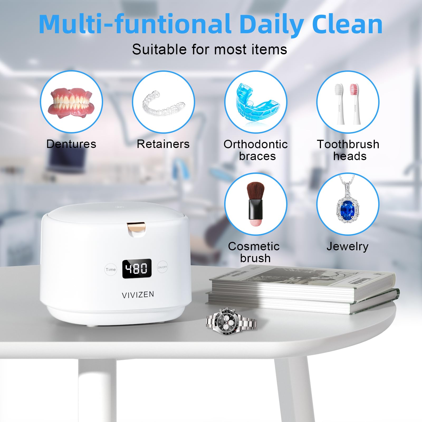 Ultrasonic Retainer Cleaner 30W/45kHz – Aligners, Braces, Dentures (White) | VIVIZEN