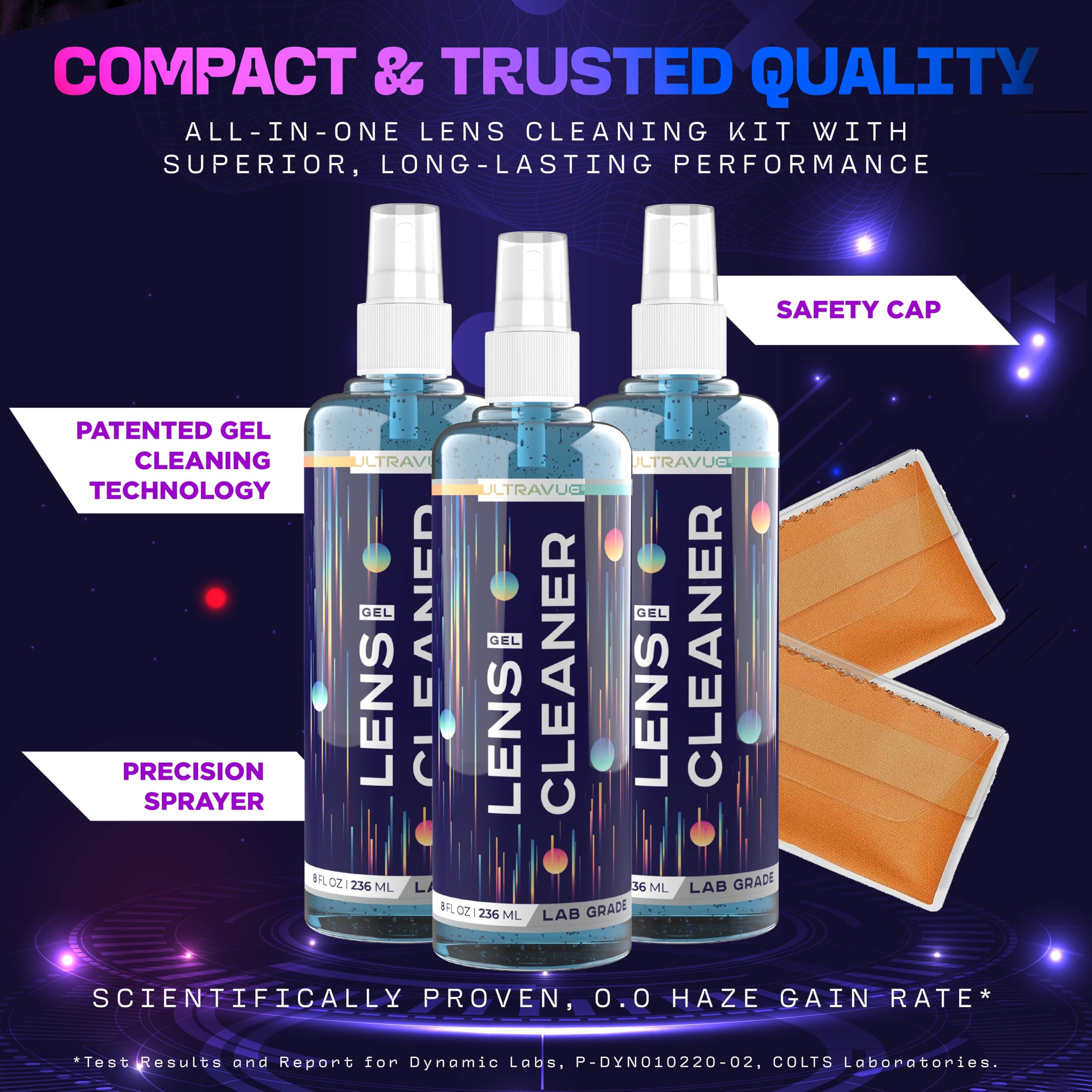 ULTRAVUE Eyeglass Gel Lens Cleaner Spray Kit – 3 x 1oz Gel, 2 Microfiber Cloths, Safe for All Lenses (AR Coated)