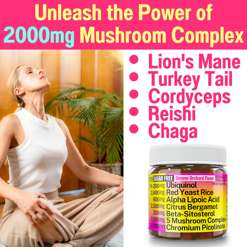 Red Yeast Rice Alpha Lipoic Acid Ubiquinol CoQ10 Citrus Bergamot Beta-Sitosterol Chromium Picolinate Sugar-Less Gummies w Lion's Mane Turkey Tail Reishi Cordyceps Chaga, Pills Capsules Supplement Alt