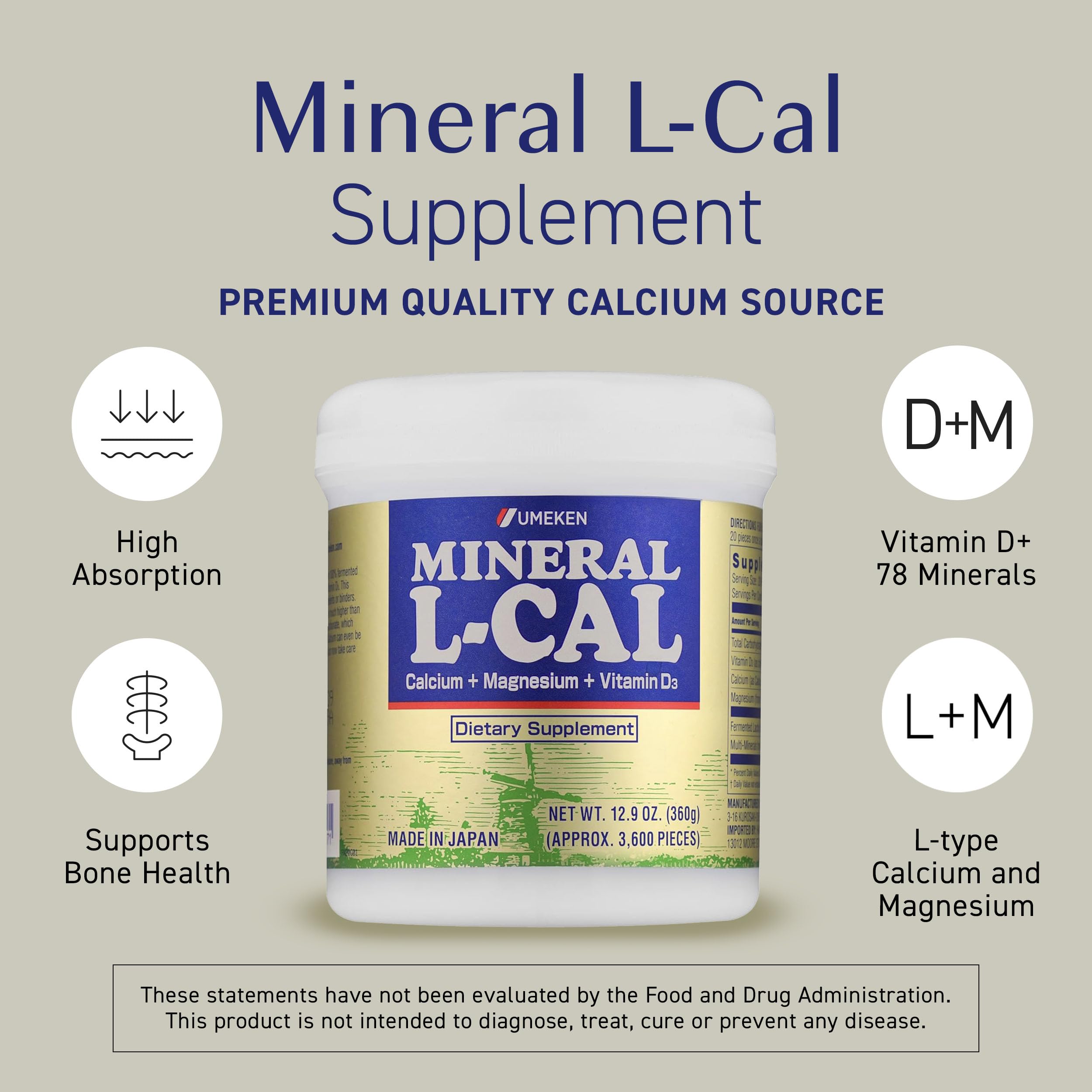 Umeken Mineral L-Calcium D3 360g, 3,600 Balls, 6-Month Supply
