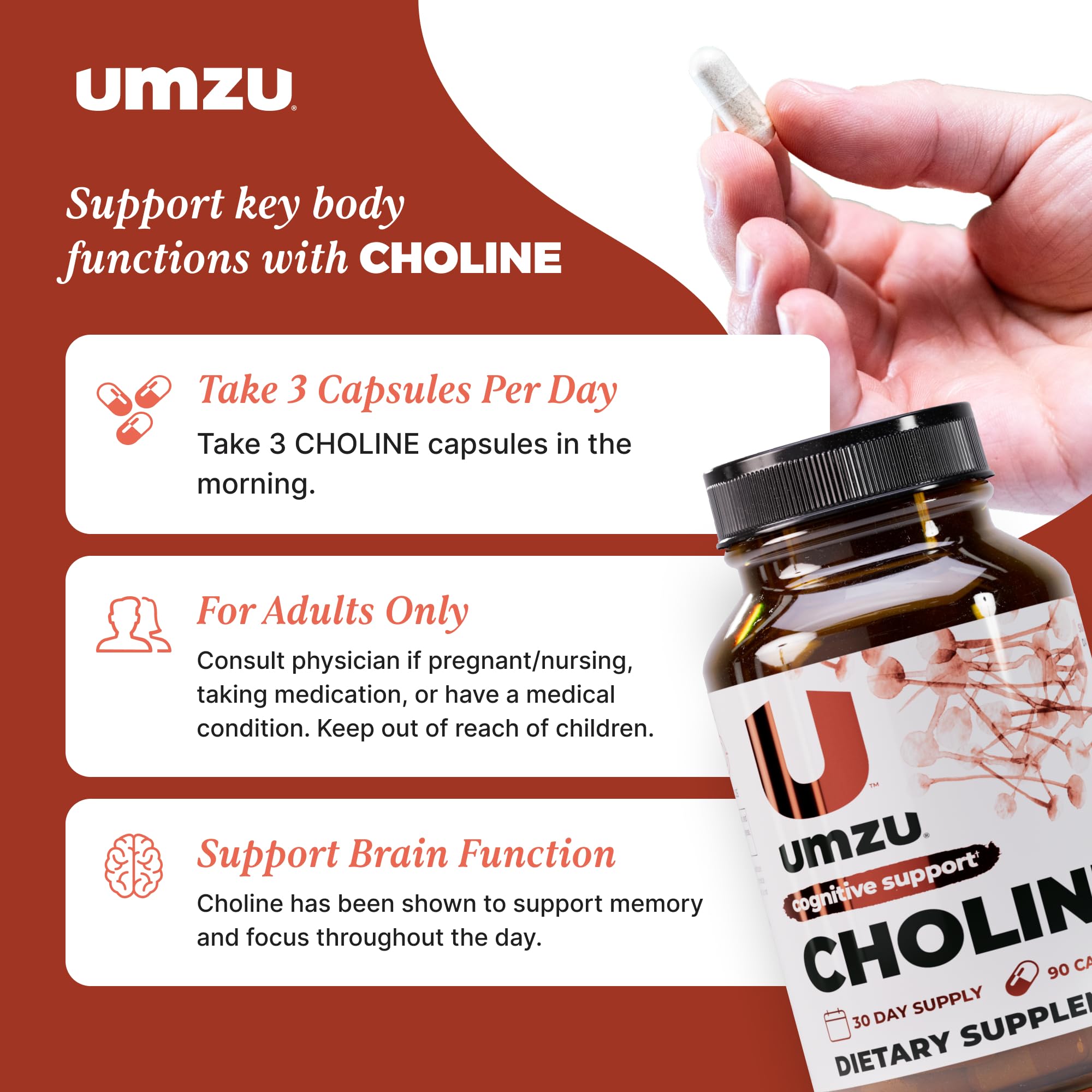 UMZU Choline Supplement | Cognitive & Hormonal Support | 30 Day Supply | 90 Capsules