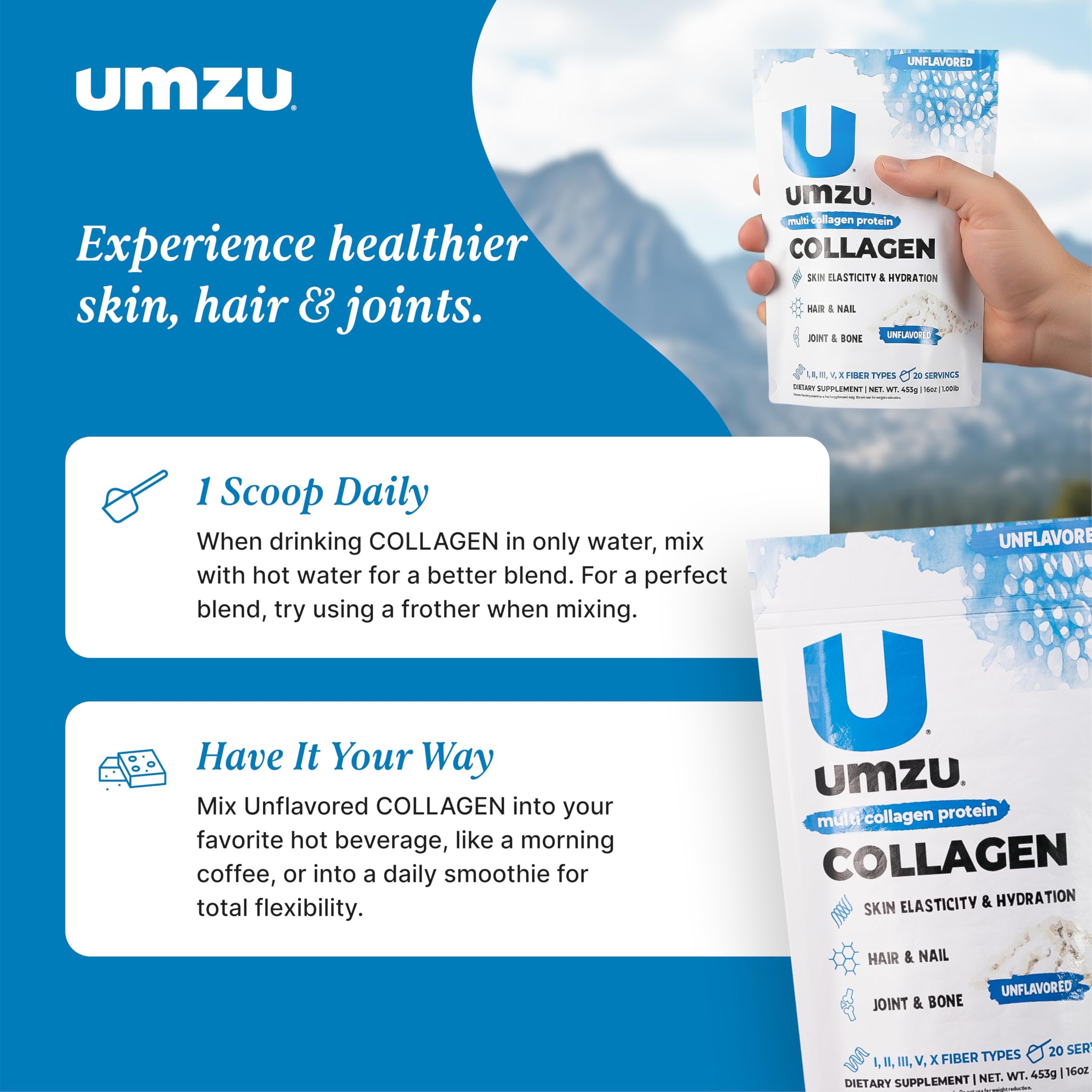 UMZU zuCollagen Multi Collagen Protein Powder – Unflavored | 20g Protein, Low Calorie, 5 Types I-X