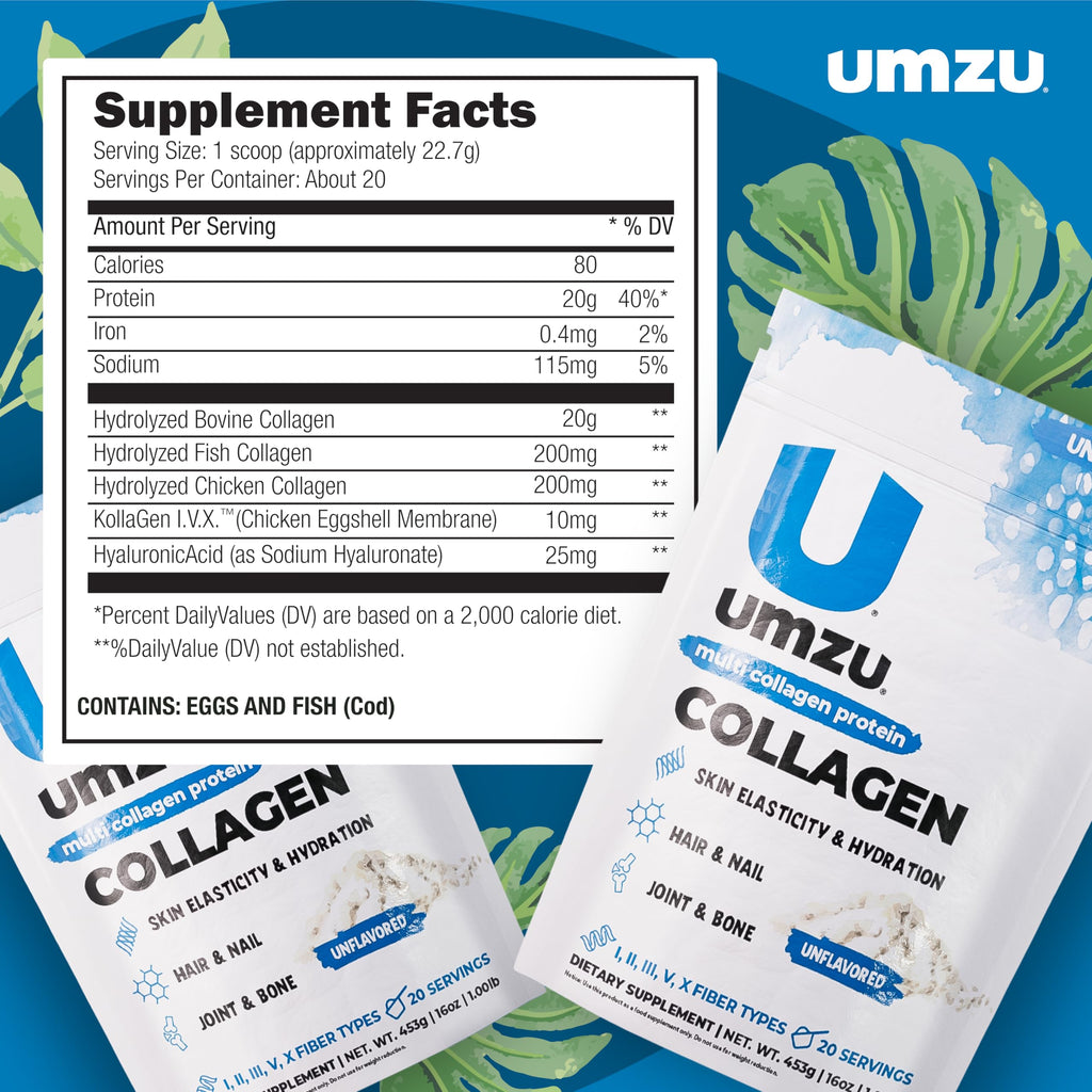 UMZU zuCollagen Multi Collagen Protein Powder – Unflavored | 20g Protein, Low Calorie, 5 Types I-X