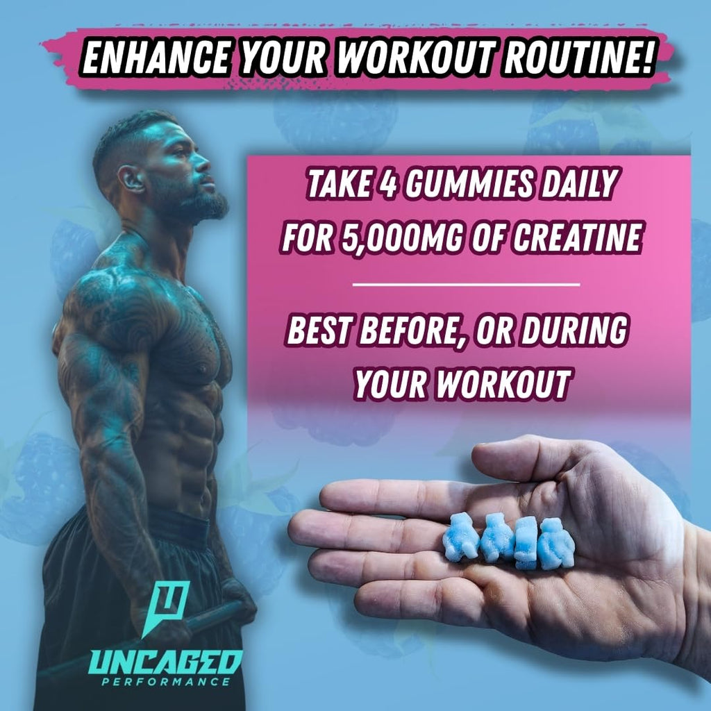 Uncaged Performance Creatine Monohydrate Gummies 5G – Blue Raspberry, 30 Servings | Max Strength, Fast Absorption