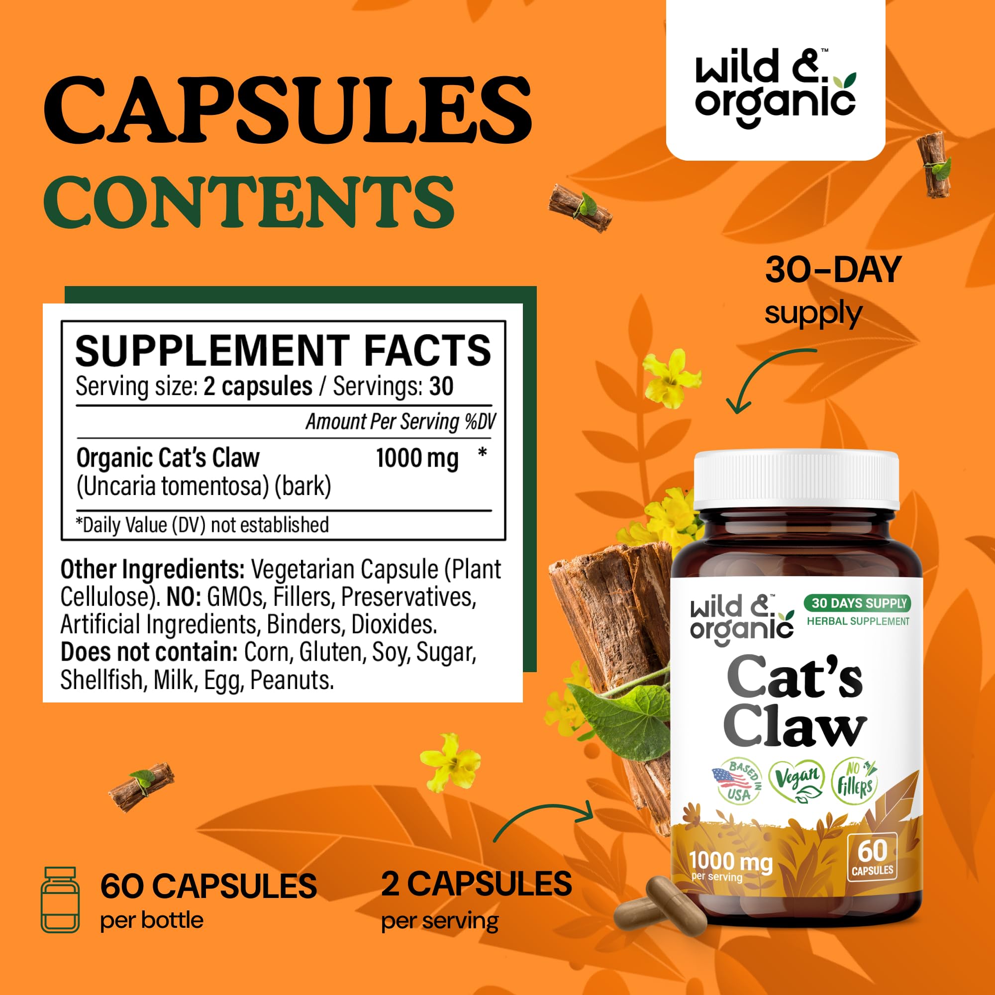 Wild & Organic Cat's Claw 1000 mg - Immune Support | Vegan, Non-GMO | 60 Count