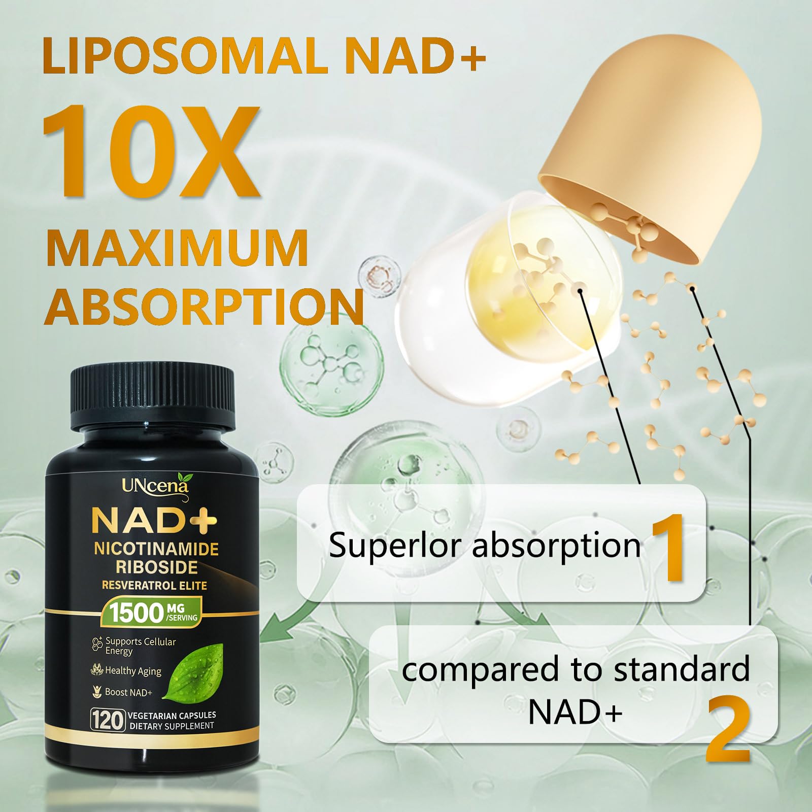 UNcena NAD Supplement 1500mg – Liposomal NR with Resveratrol | Support Cellular Health & Healthy Aging (Pack of 2)