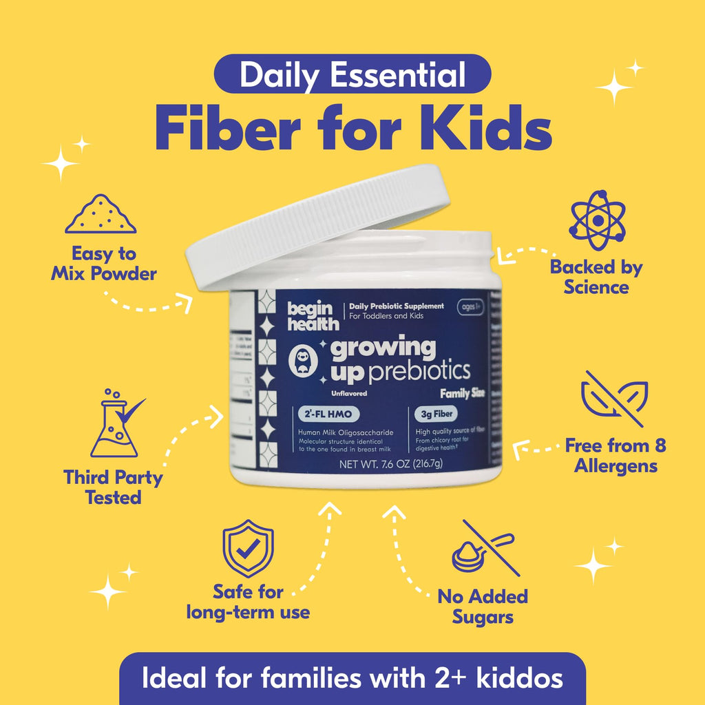Begin Health Growing Up Prebiotics for Kids — 56-Pack, Unflavored Powder for Digestive Support